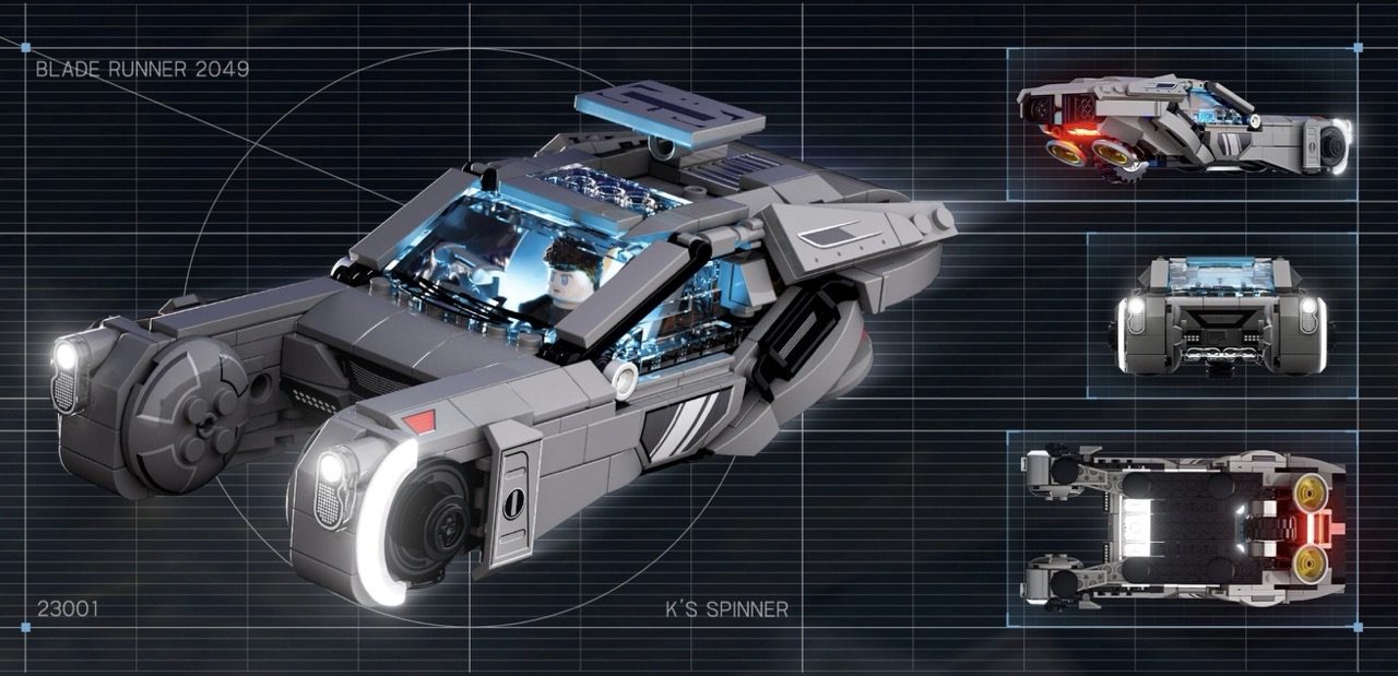 LEGO Blade Runner 2049 K's Spinner vehicle with illuminated details and component views on technical schematic background.