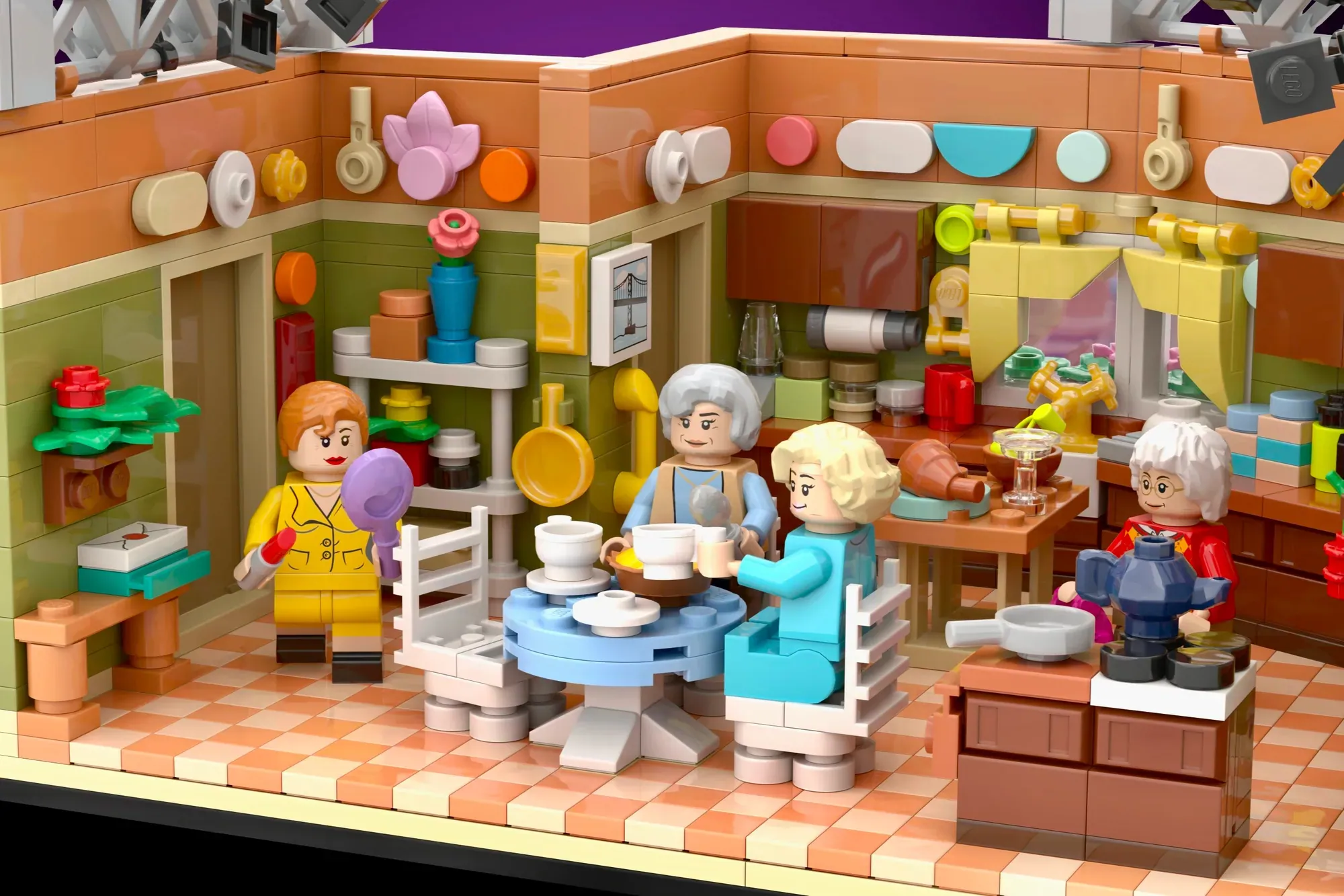 LEGO Golden Girls kitchen set with four minifigures, colorful tile floor, cooking utensils, and detailed furniture and acc…