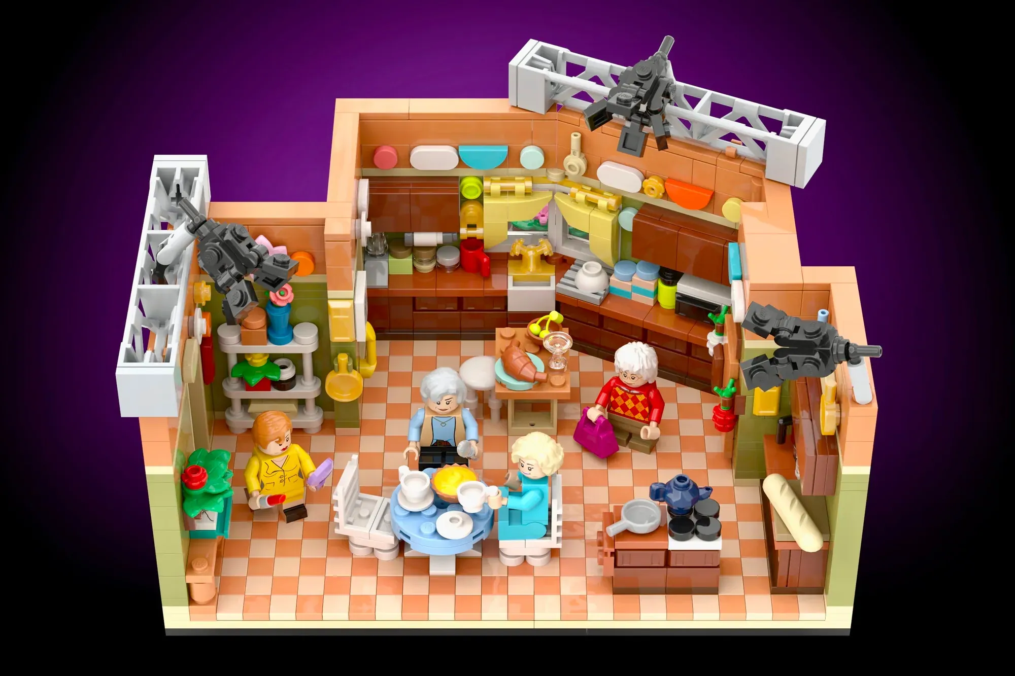 LEGO kitchen set with four elderly minifigures, furniture, and appliances on checkered floor against purple background.