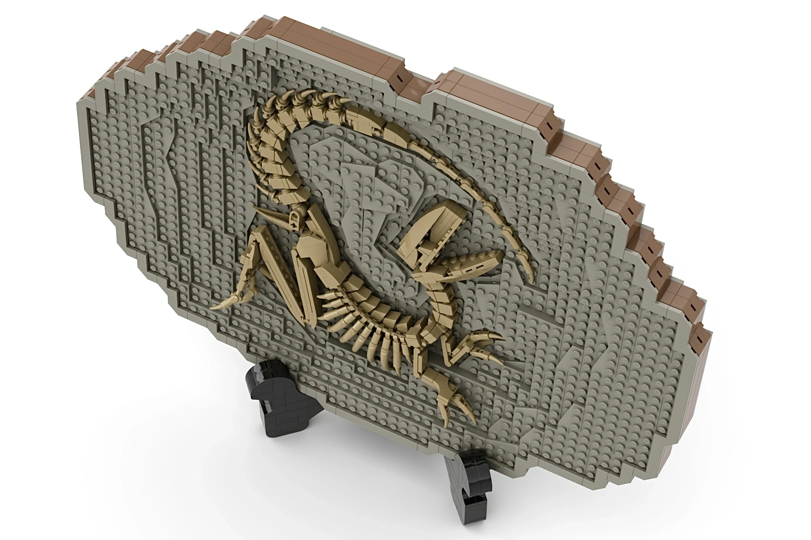 Pormenor do crânio e das costelas do velociraptor fóssil em peças LEGO cor de areia