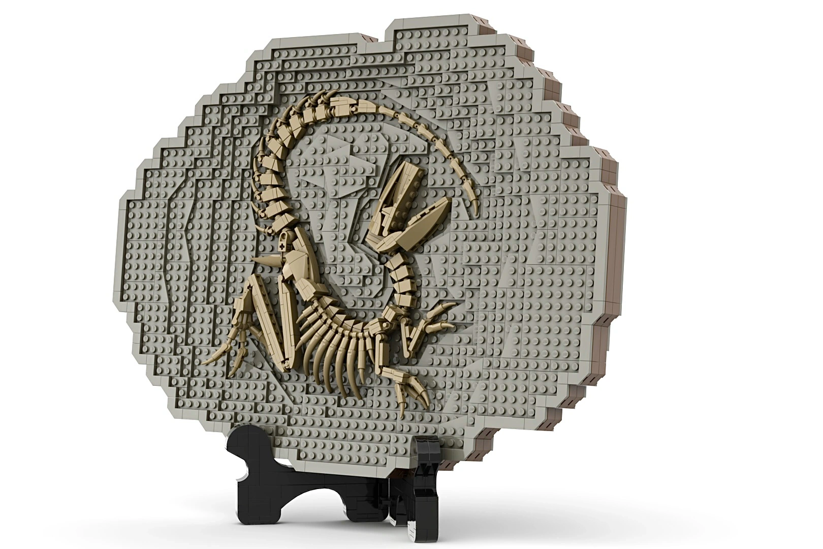 Esqueleto de velociraptor em peças cor de areia sobre disco de pedra cinzento, projeto LEGO Ideas de DukeIntrepidBansha242