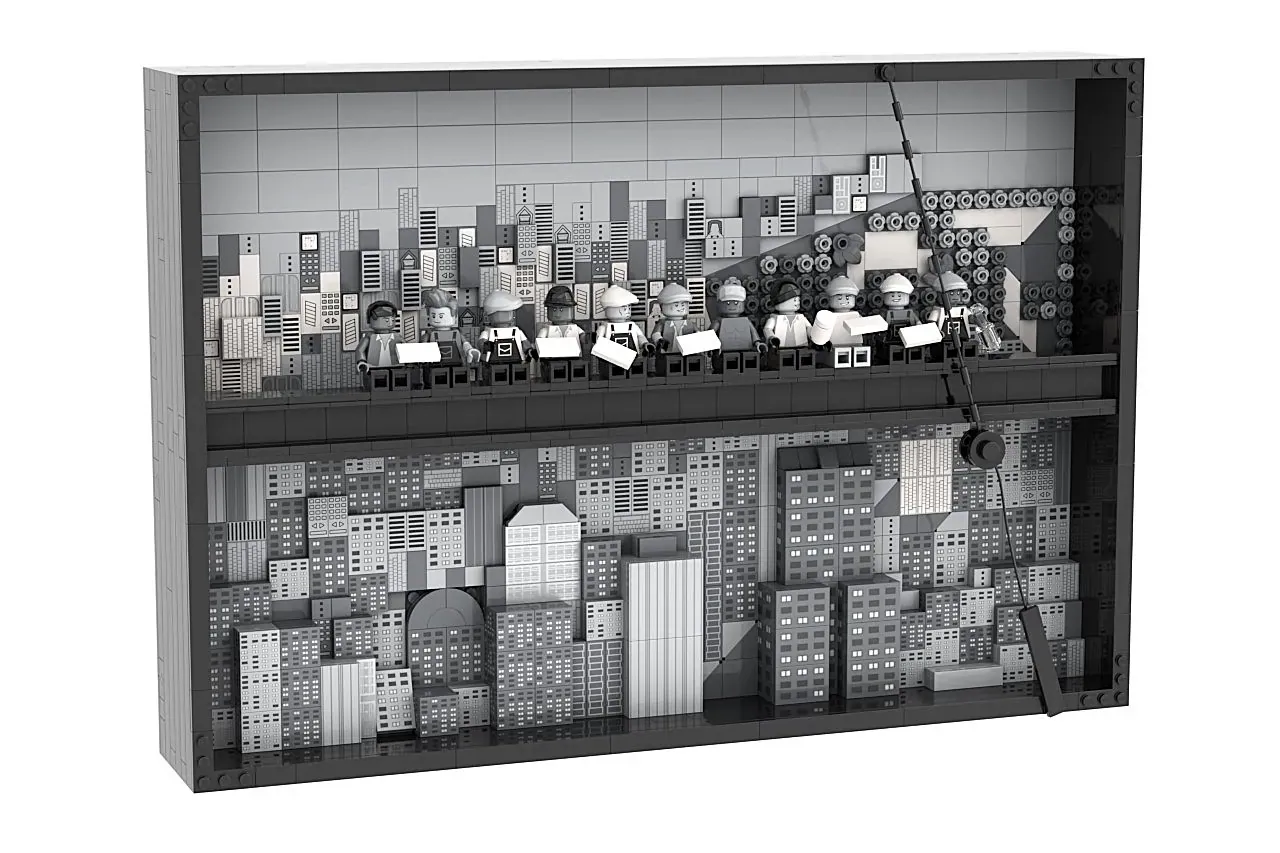 LEGO recreation of "Lunch Atop a Skyscraper" with minifigures on a beam overlooking a detailed cityscape.