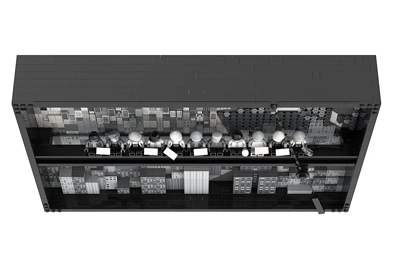 LEGO recreation of Lunch Atop a Skyscraper with minifigures seated on a steel beam structure.
