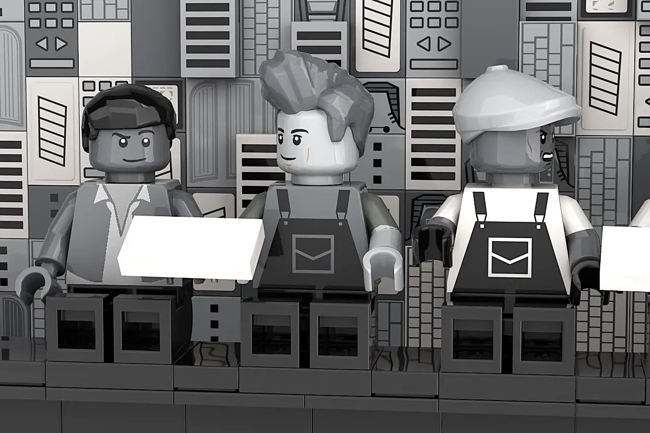LEGO minifigures of construction workers holding blank signs, positioned in front of a detailed urban skyscraper backdrop.