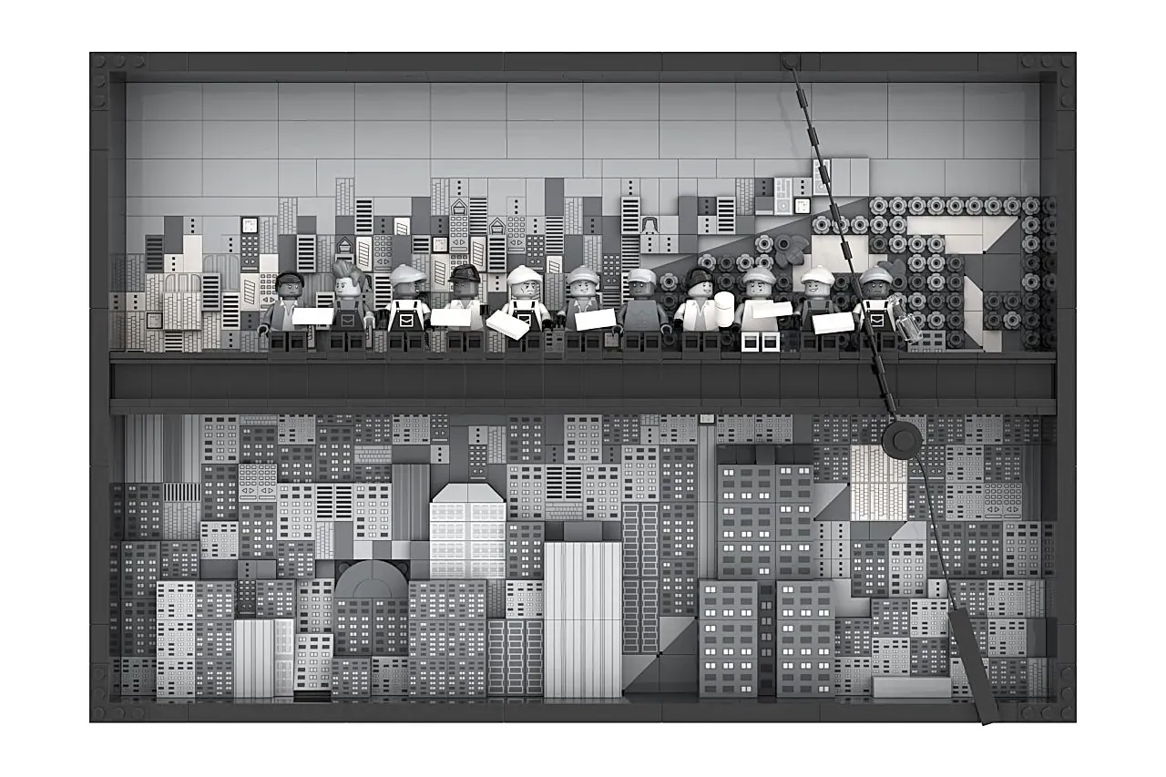 LEGO recreation of "Lunch Atop a Skyscraper" with minifigures on a steel beam above a detailed cityscape.
