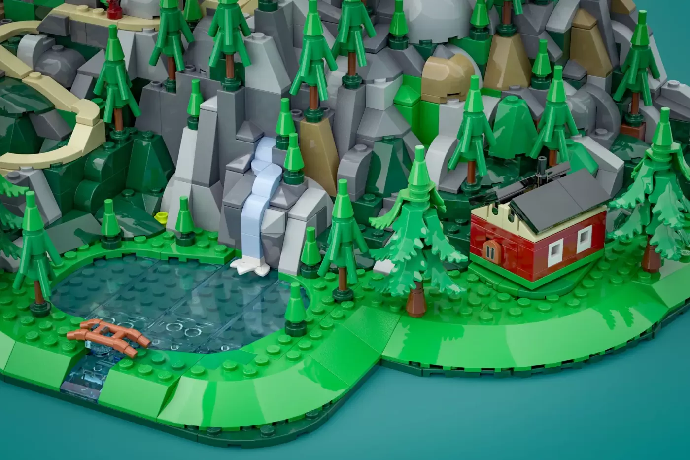 LEGO forest village with green trees, red cabin, stone buildings, and a waterfall demonstrating forced perspective scaling…
