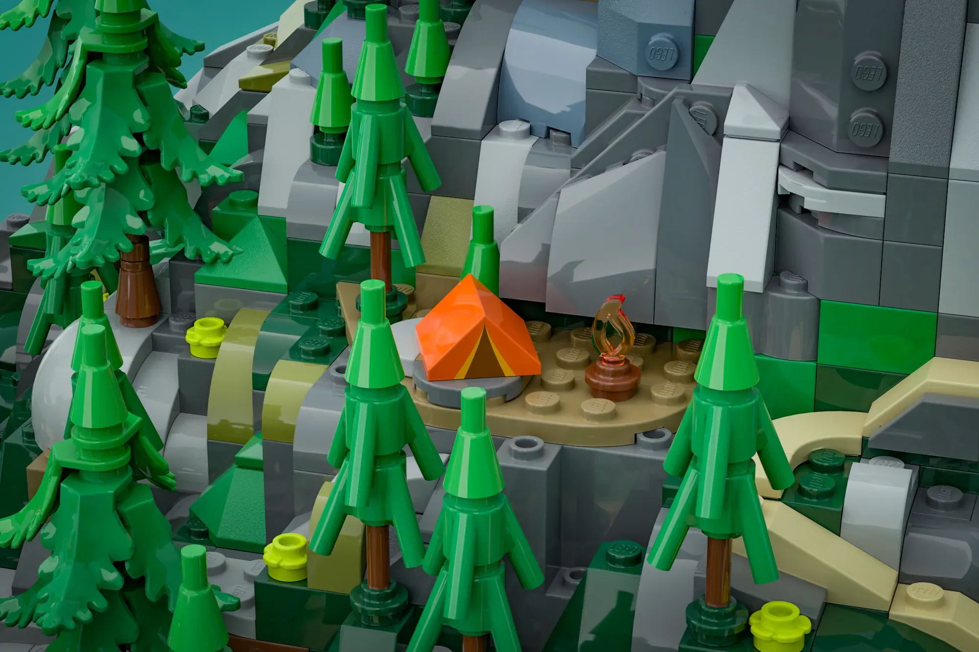 LEGO camping scene with orange tent, green trees, campfire, and mountain structures demonstrating perspective scale tricks.