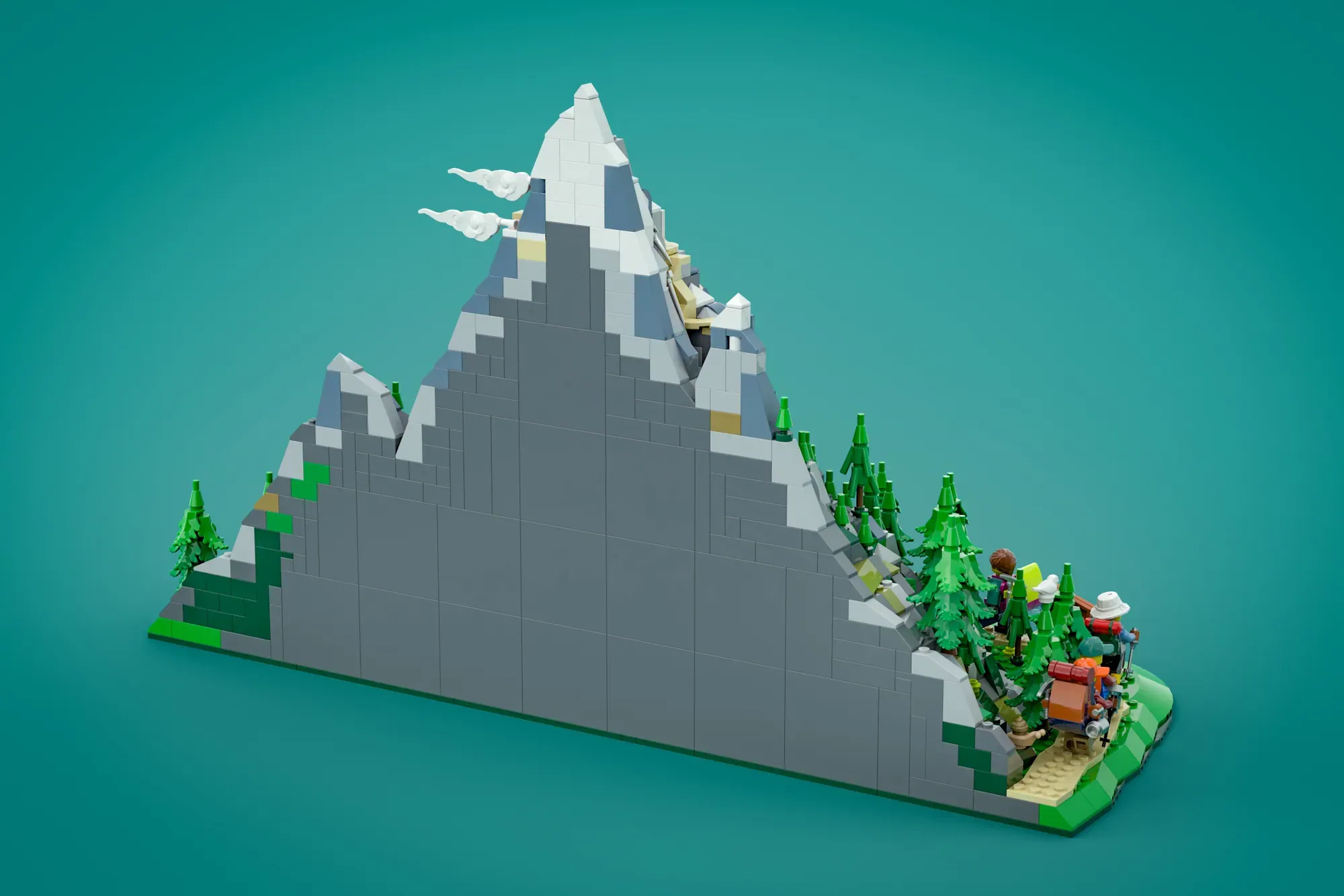 LEGO mountain diorama with snow-capped peak, climbing minifigures, evergreen trees, and scale perspective illusion.