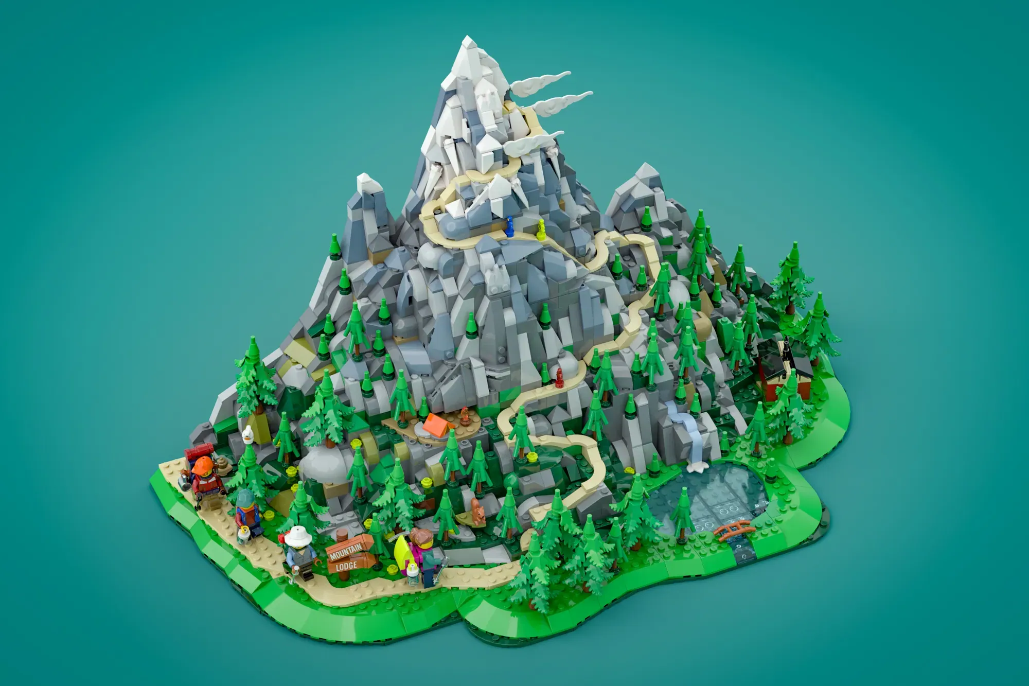 LEGO mountain build with winding paths, evergreen trees, minifigures, and lodge on green base against teal background.
