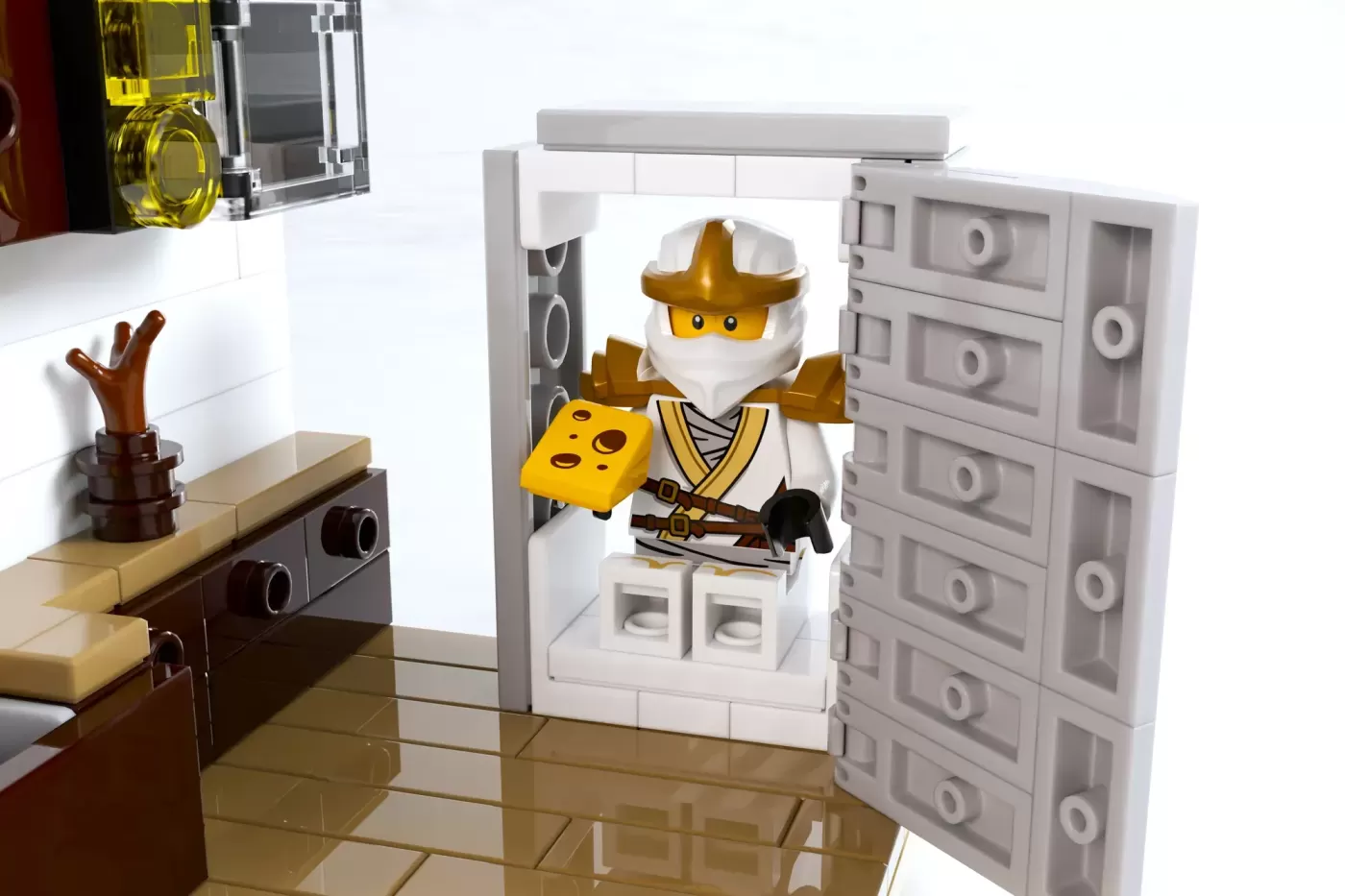 LEGO Ninjago minifigure in gold and white robes displayed in modern monastery interior with storage units.