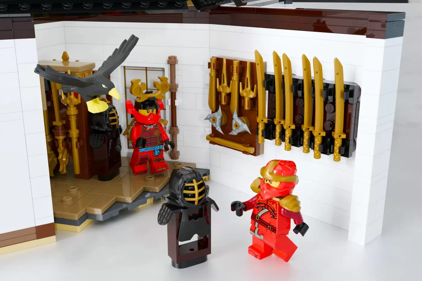 LEGO Ninjago monastery interior with red ninja minifigure, black warrior, golden weapons rack, and ornate décor.