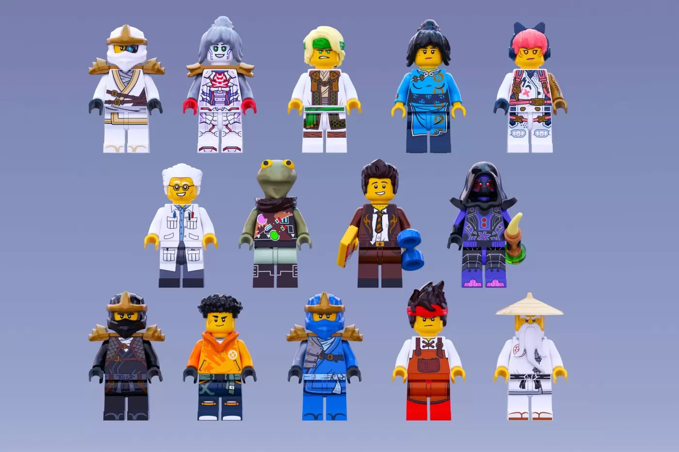 LEGO Ninjago minifigures collection featuring 20 characters in ninja and themed costumes arranged on purple background.