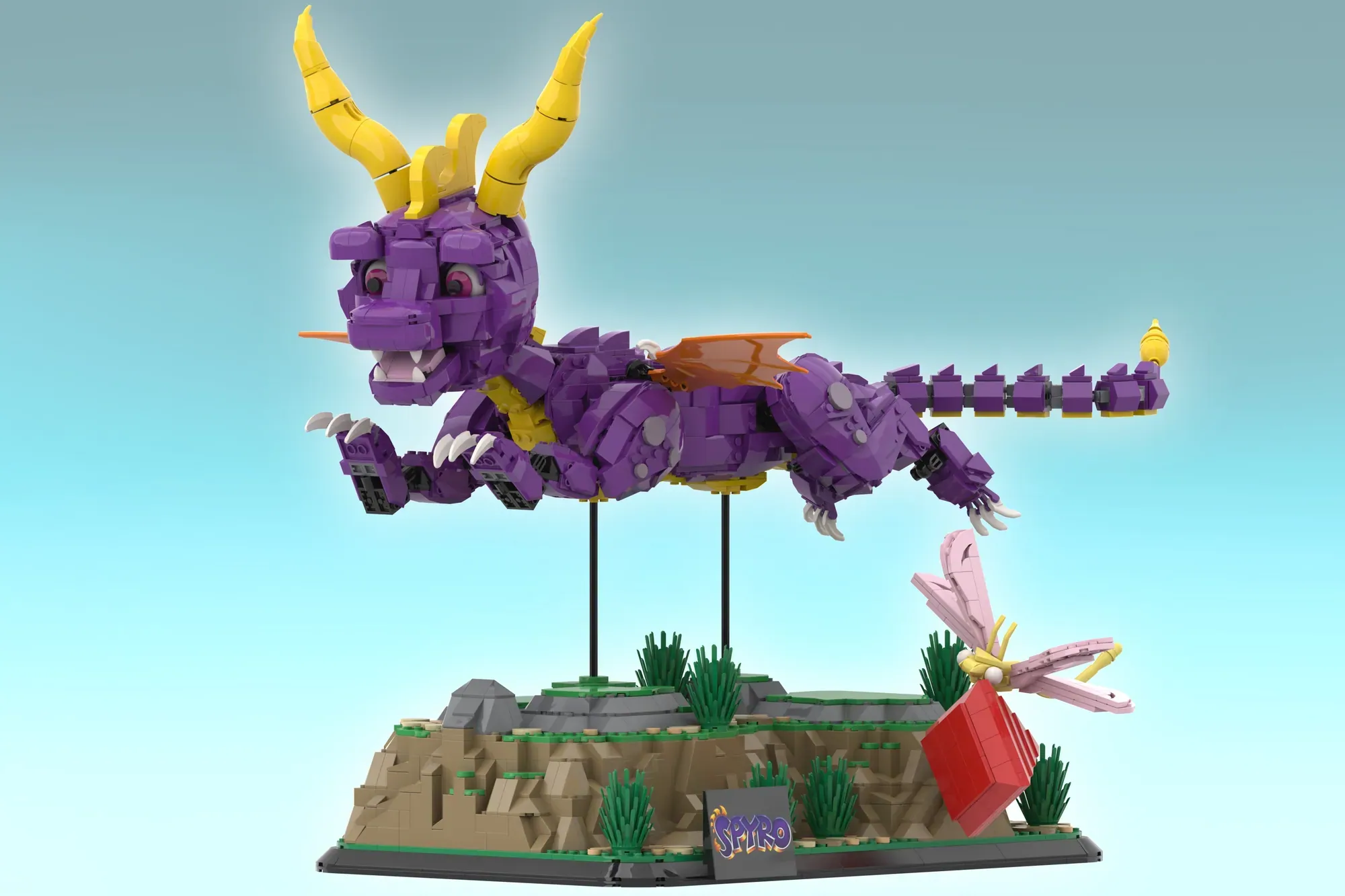 LEGO Spyro the Dragon set featuring purple dragon with yellow horns on grassy terrain base with dragonfly.