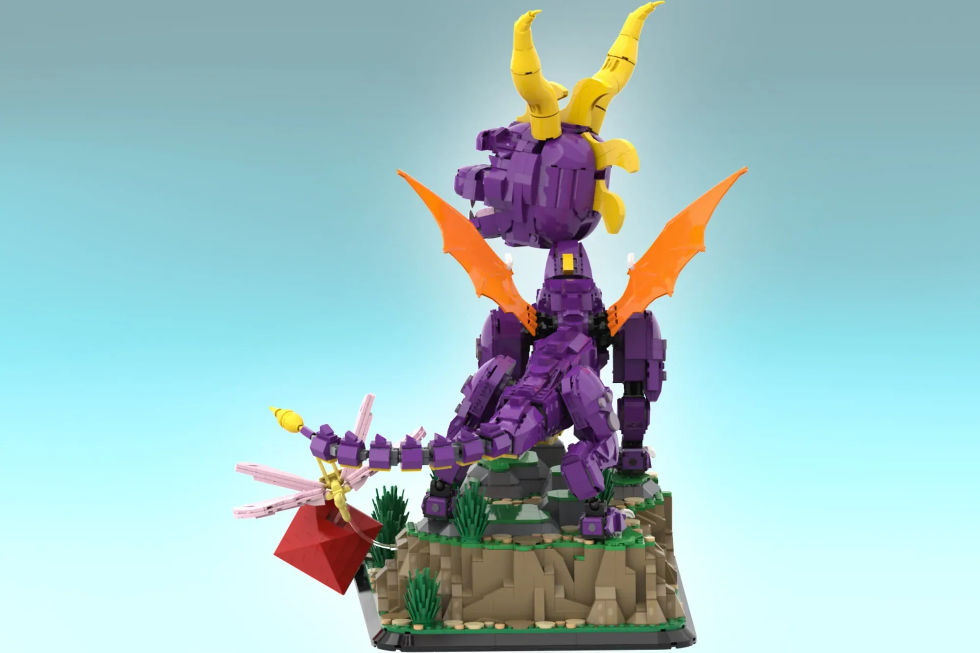 LEGO Spyro the Dragon set featuring purple dragon with yellow horns, orange wings, on rocky terrain base with green vegeta…