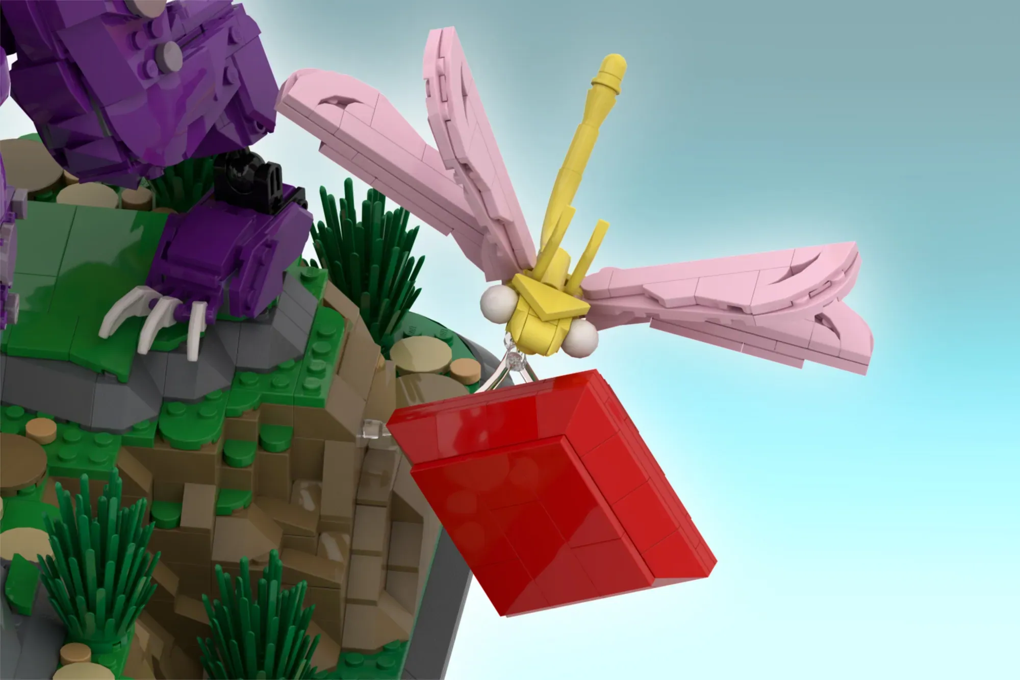 LEGO Spyro the Dragon set featuring purple dragon with pink dragonfly and red flag on terrain base.