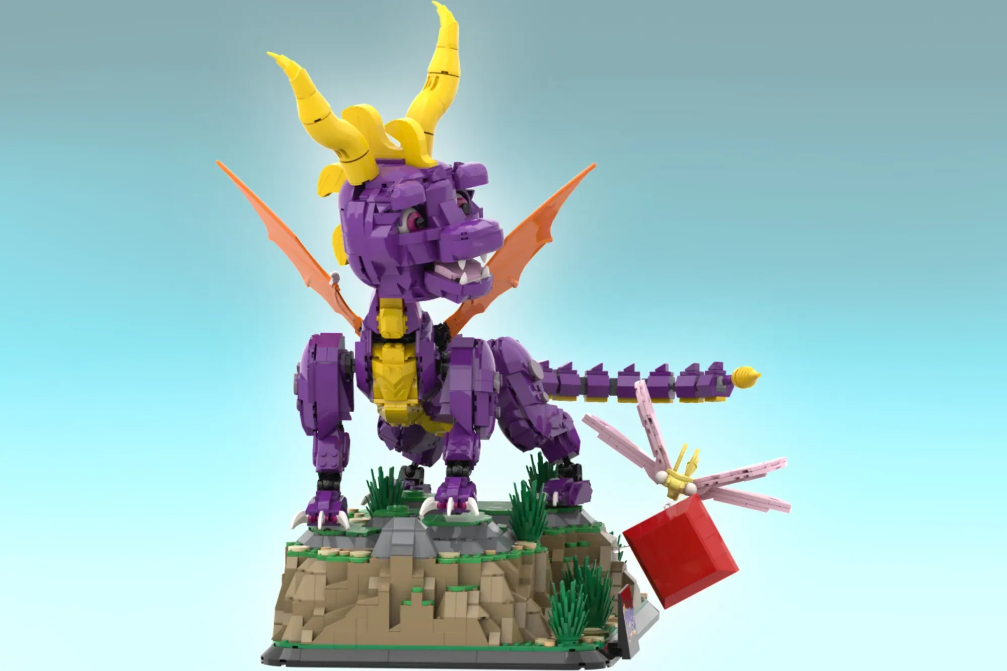 LEGO Spyro the Dragon set featuring purple dragon figure with yellow horns and wings on rocky terrain base.