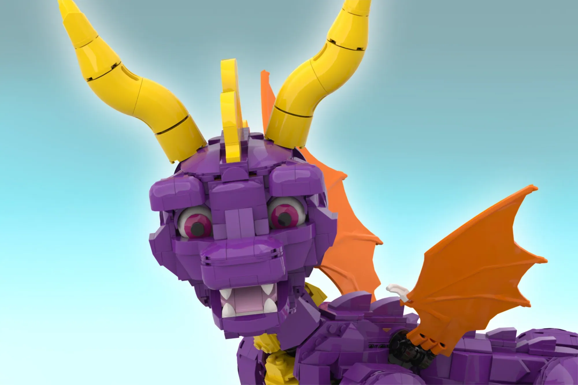 LEGO Spyro the Dragon buildable figure with yellow horns, purple body, orange wings, and open mouth against blue sky.