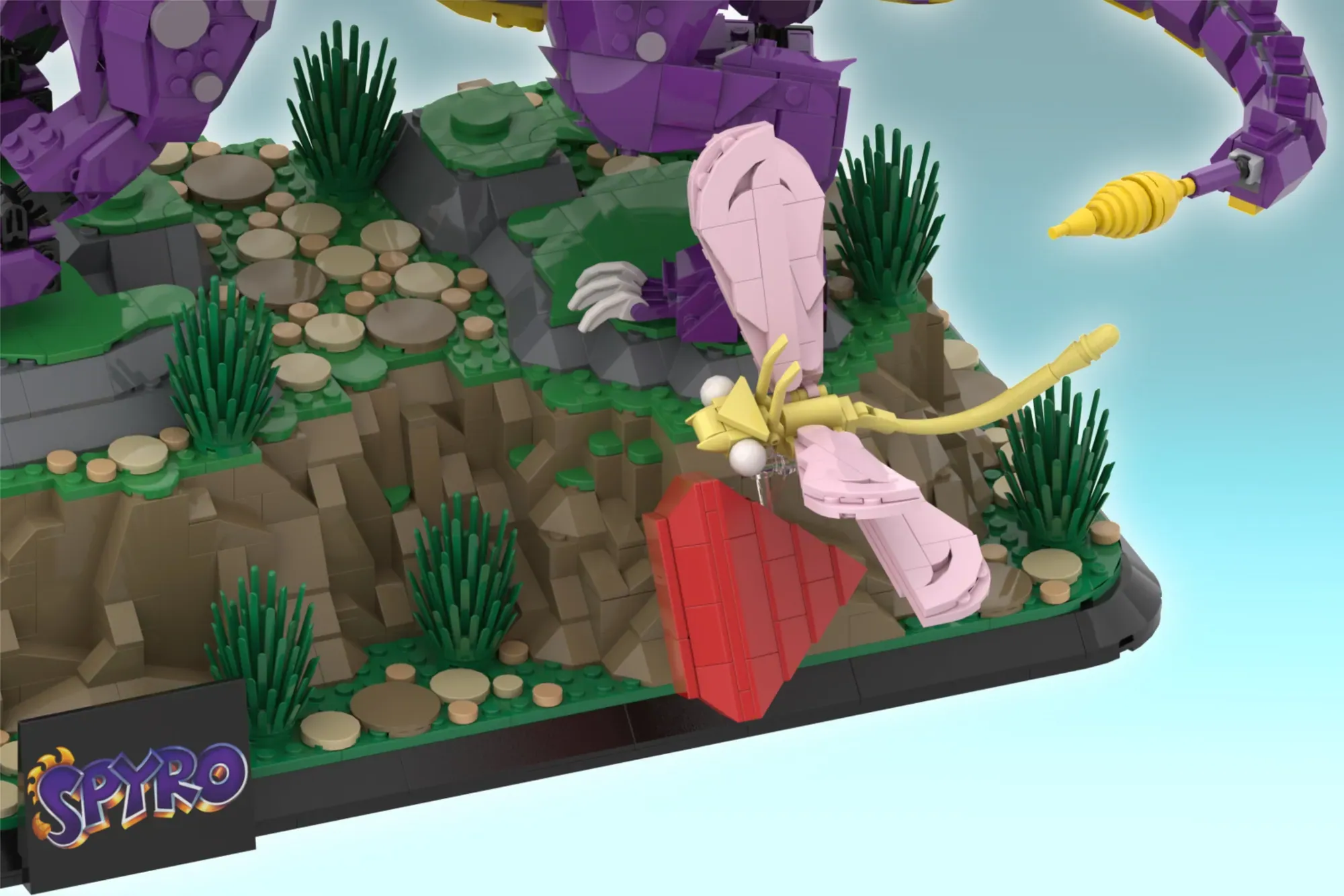 LEGO Spyro the Dragon set featuring purple dragon with yellow horns, pink elephant figure, and purple castle structures on…