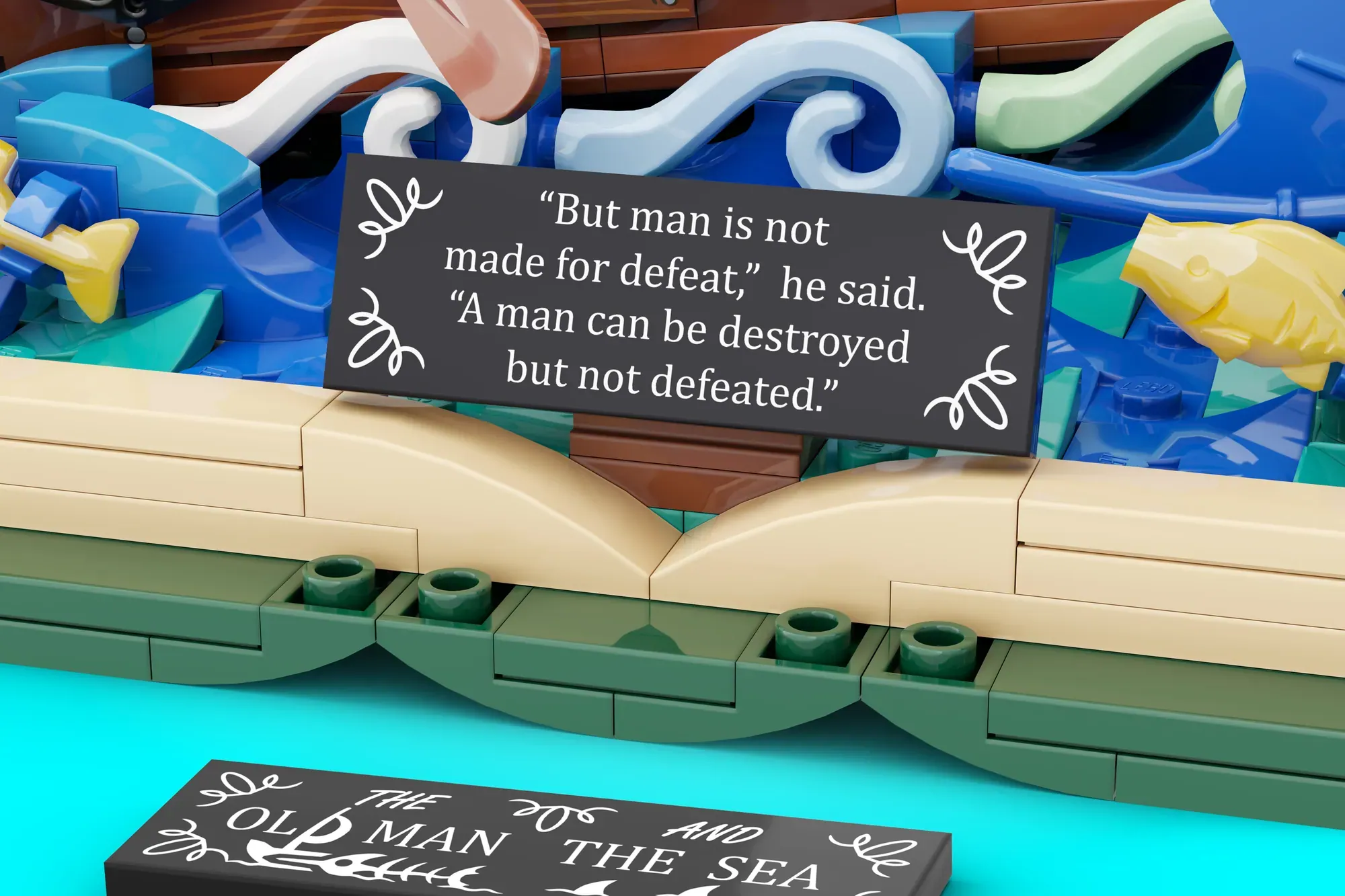 LEGO Ideas The Old Man and the Sea set featuring decorative plaques with inspirational quotes displayed on a boat structure.