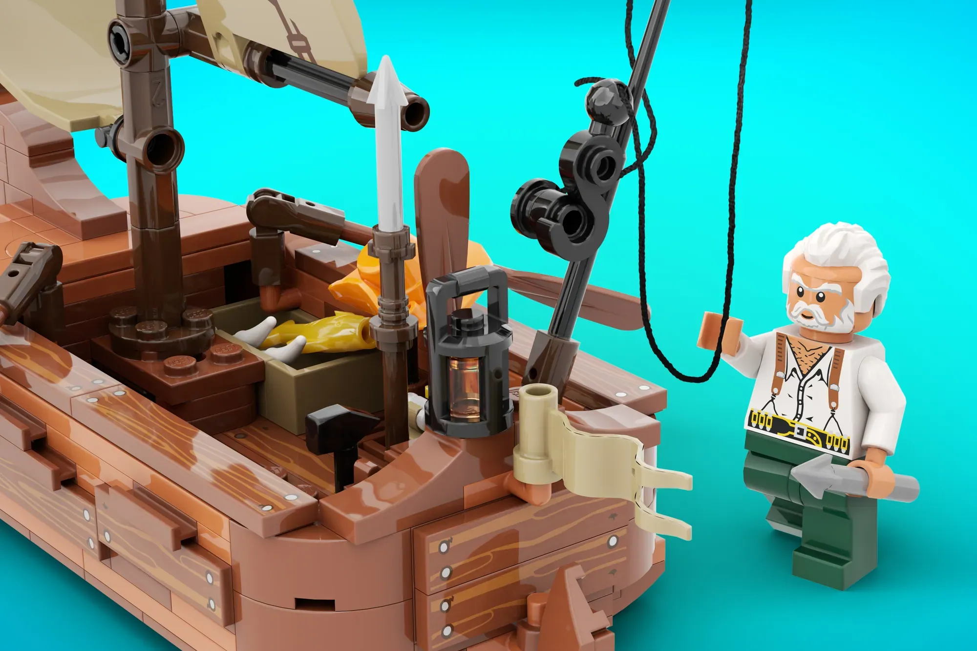 LEGO set depicting an old fisherman minifigure beside a detailed wooden boat with fishing equipment and rigging on turquoi…