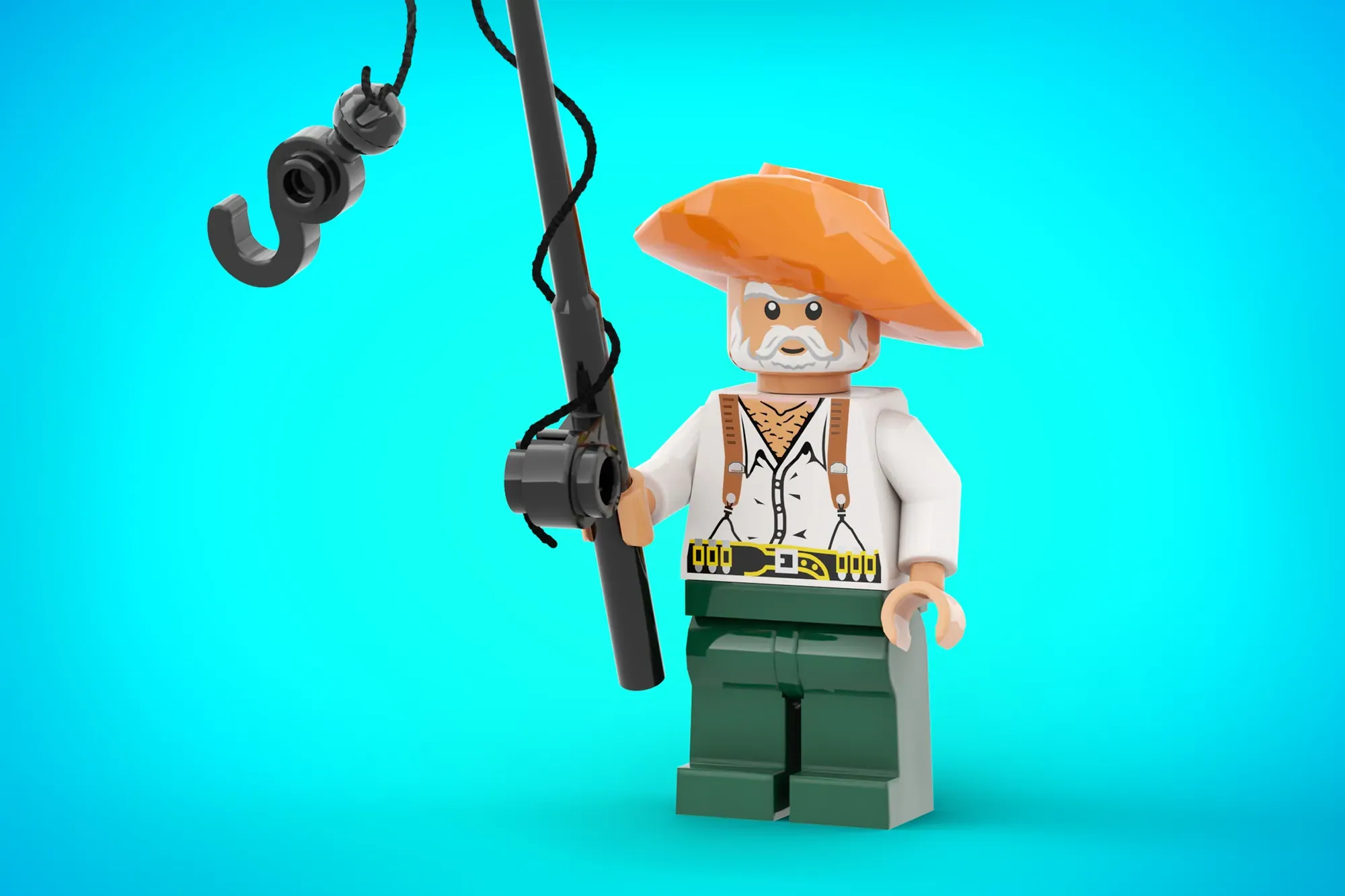 LEGO minifigure of elderly fisherman with white beard, orange hat, white shirt, and green pants holding fishing rod with h…