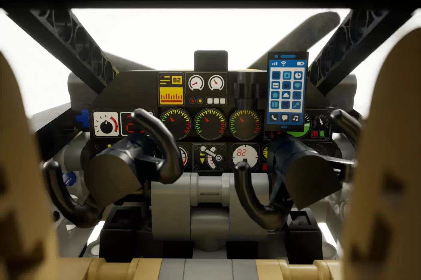 LEGO Cessna 185 cockpit interior view with detailed dashboard, control yokes, gauges, and smartphone accessory.