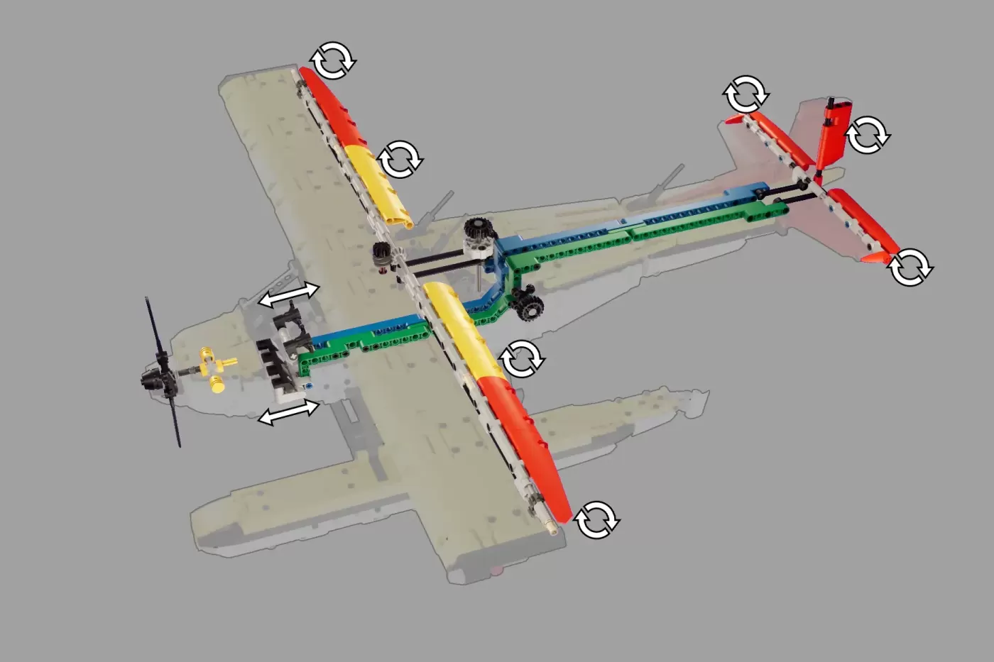 LEGO Cessna 185 float plane model with red and yellow wings, blue fuselage, and rotation indicators marking movable parts.