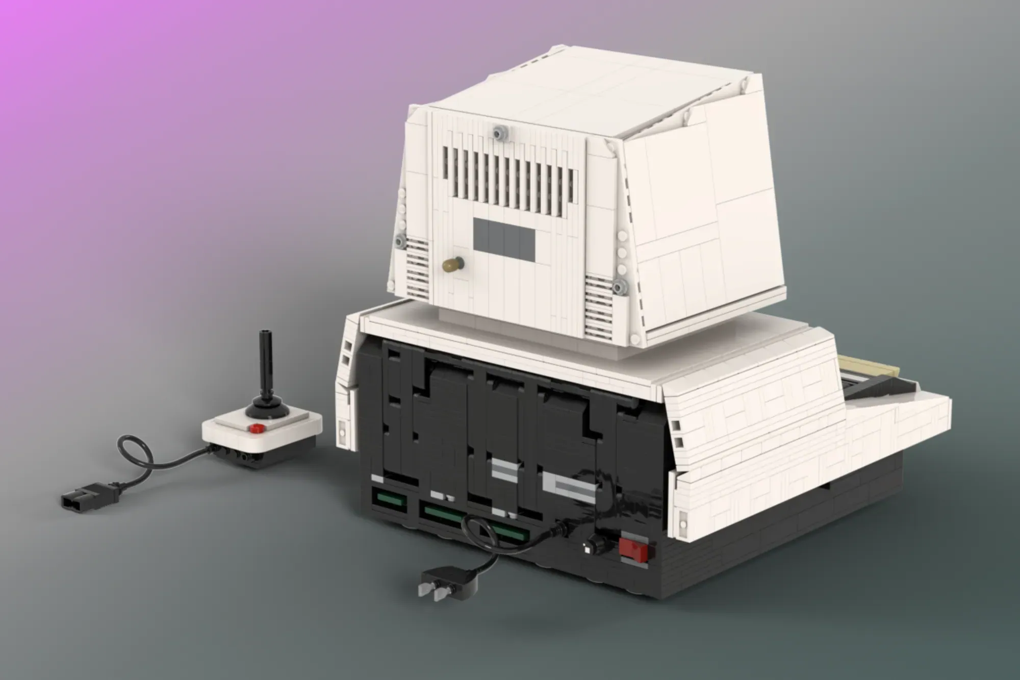 LEGO Commodore PET 2001 set with opening case revealing brick-built motherboard and joystick controller.