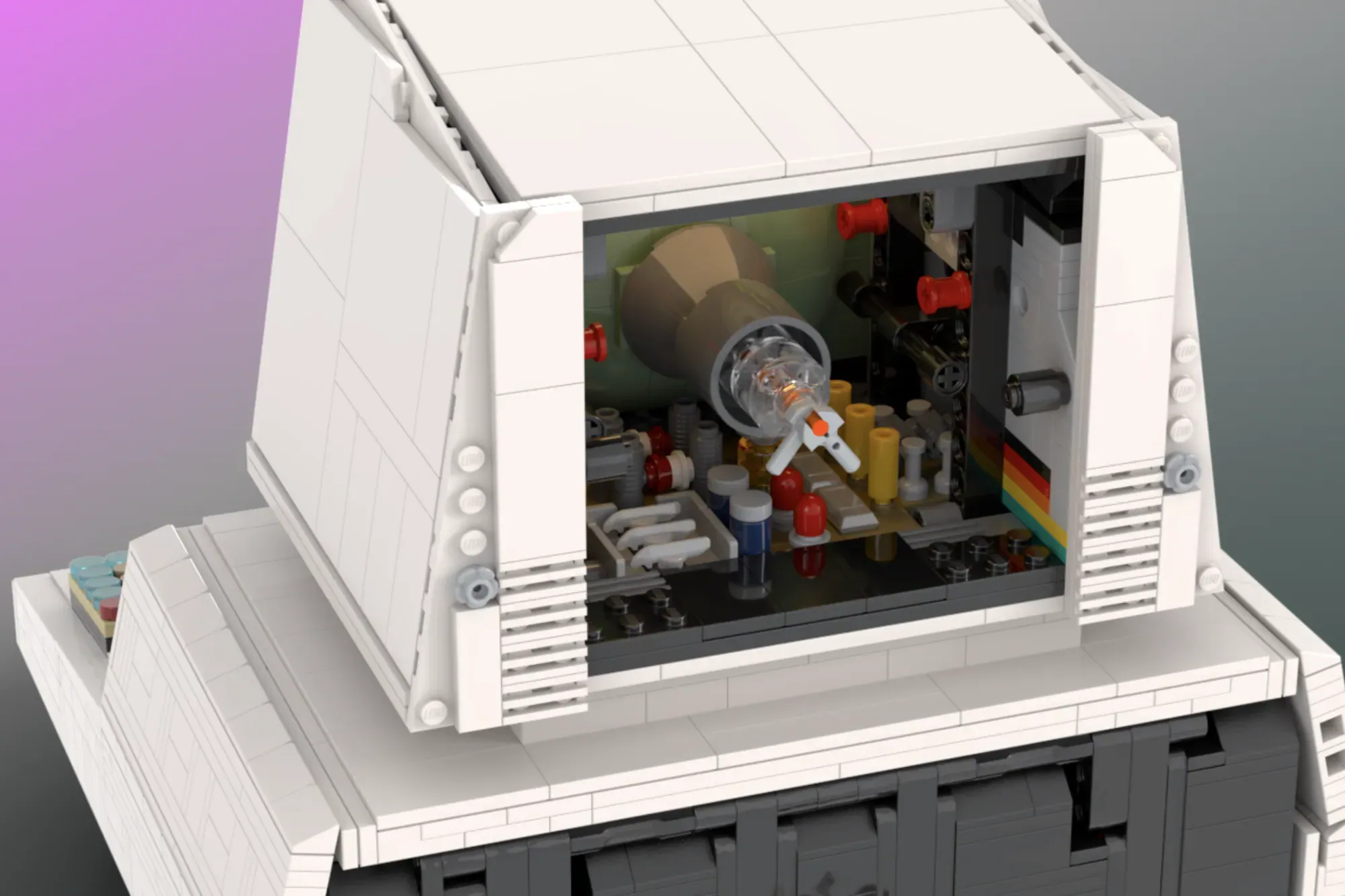 LEGO Commodore PET 2001 with open case revealing detailed motherboard and components inside.