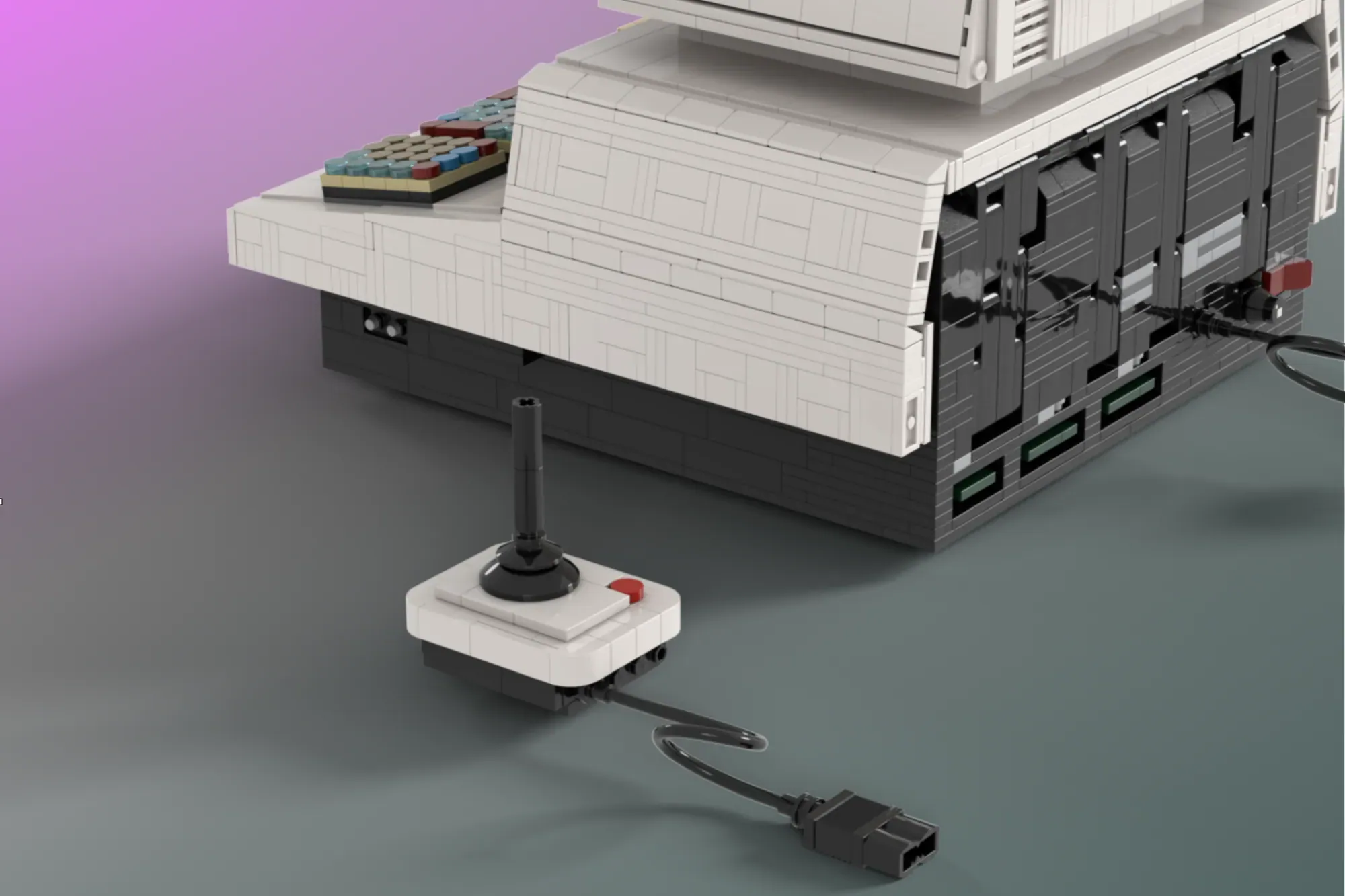 LEGO Commodore PET 2001 model with opening case revealing brick motherboard and joystick controller.