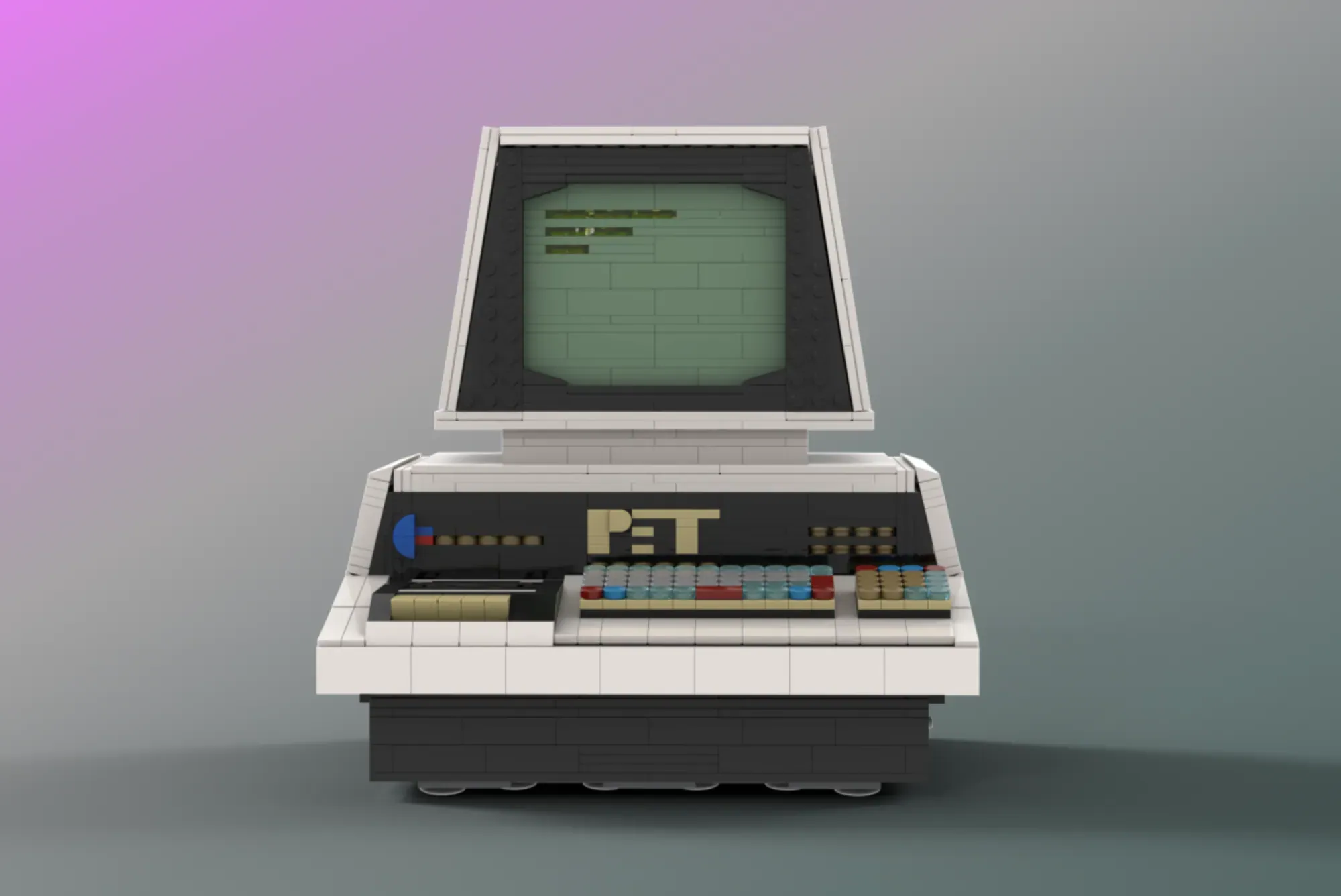 LEGO Commodore PET 2001 model with opening case revealing minifigure motherboard details.