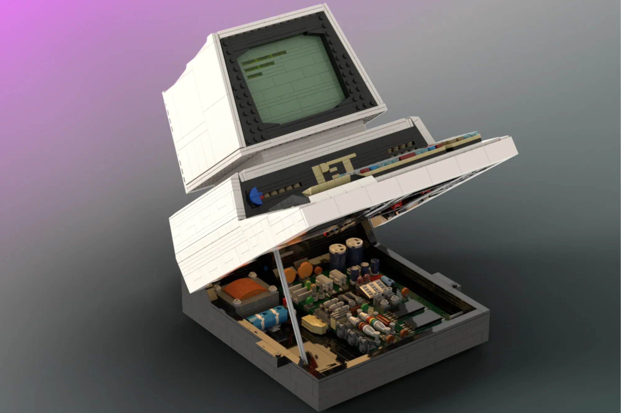 LEGO Commodore PET 2001 with opening sections revealing detailed motherboard and internal components.