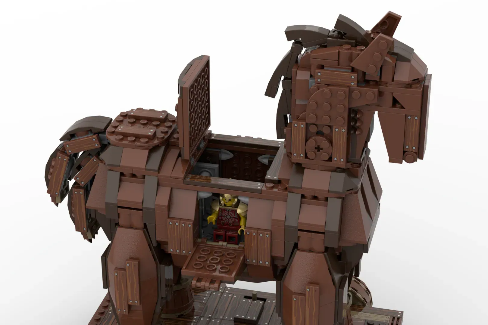 LEGO Trojan Horse with opening doors, wooden plank detailing, and minifigure visible inside the belly.