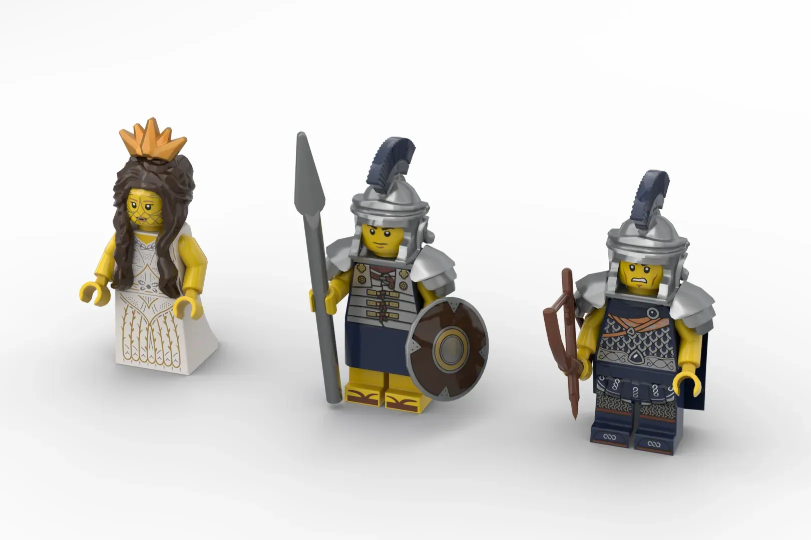 Three LEGO minifigures representing Greek soldiers and a queen with detailed armor, weapons, and classical dress.