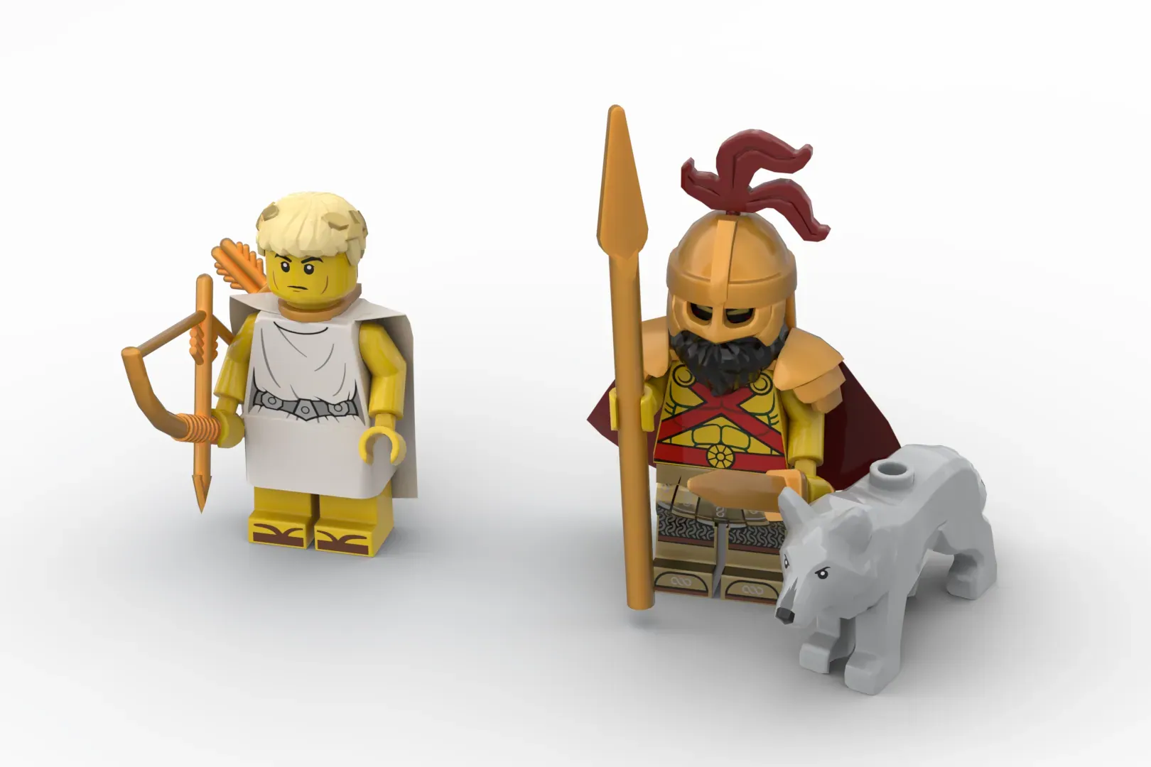 Two LEGO minifigures: a Greek archer and a warrior with spear beside a white LEGO elephant figure.