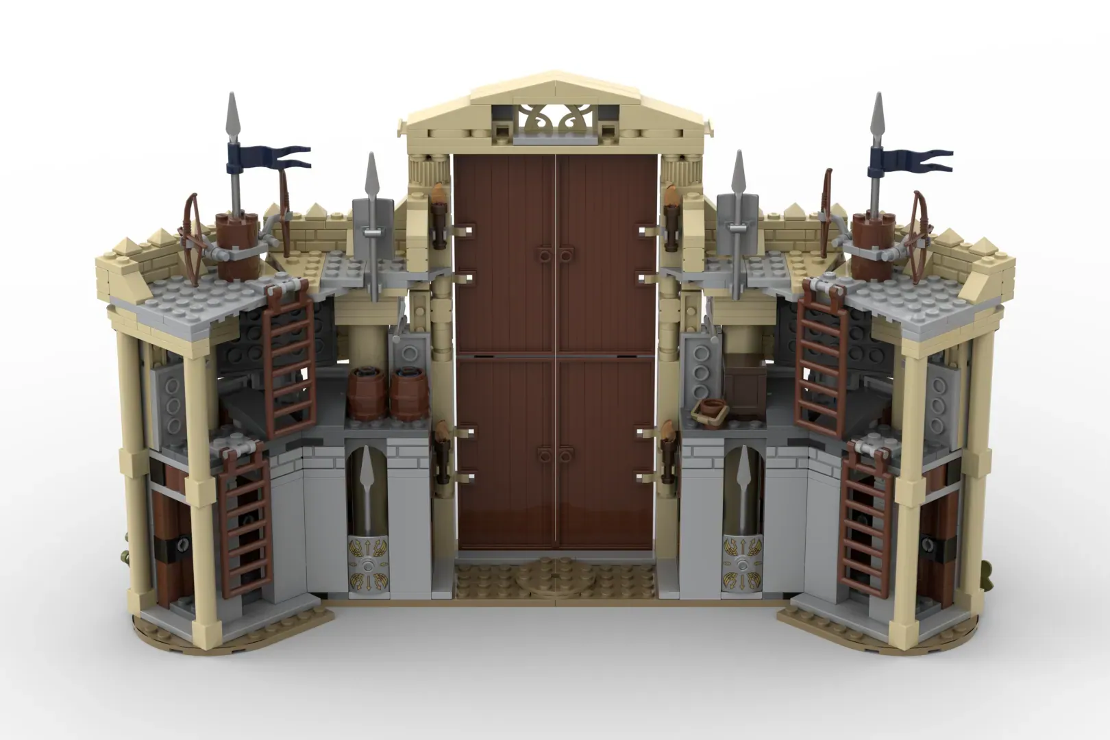 LEGO Greek fortress set with tan towers, brown doors, spears, and detailed ramparts.
