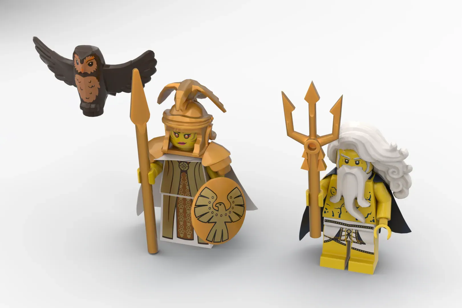 Three LEGO minifigures representing Greek warriors with gold armor, shields, spears, and an owl companion displayed together.