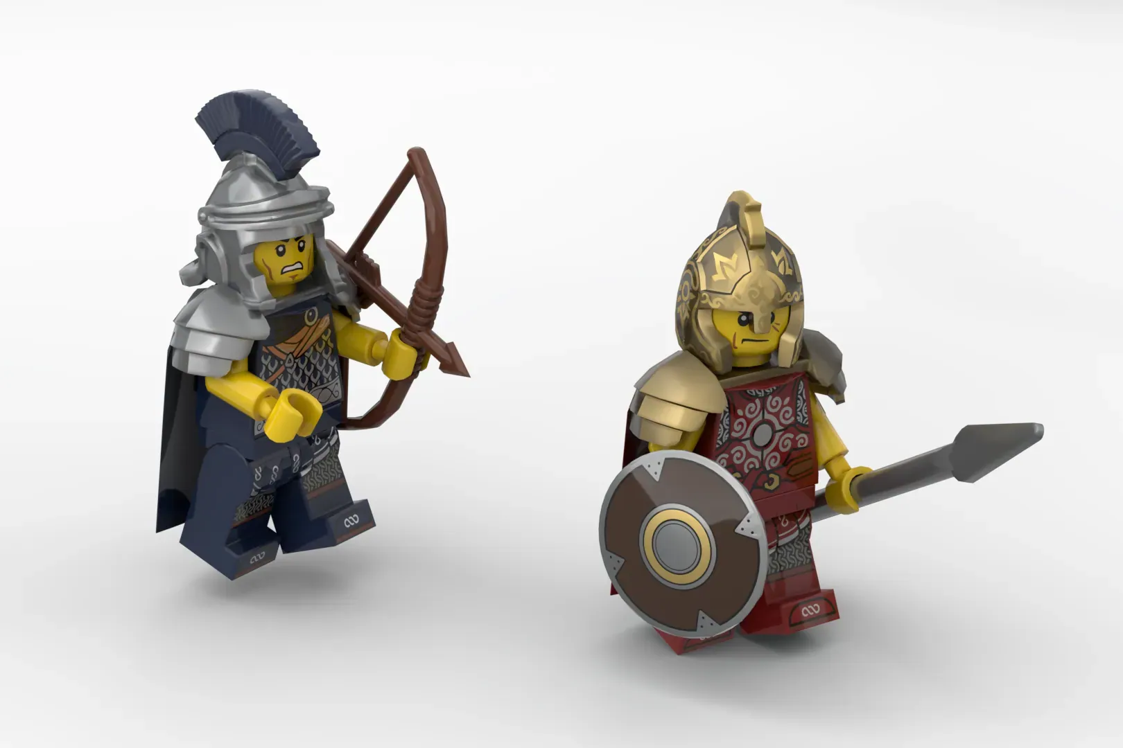Two LEGO minifigures in ancient Greek warrior armor: left holds a bow and wears silver helmet; right wields a sword and sh…