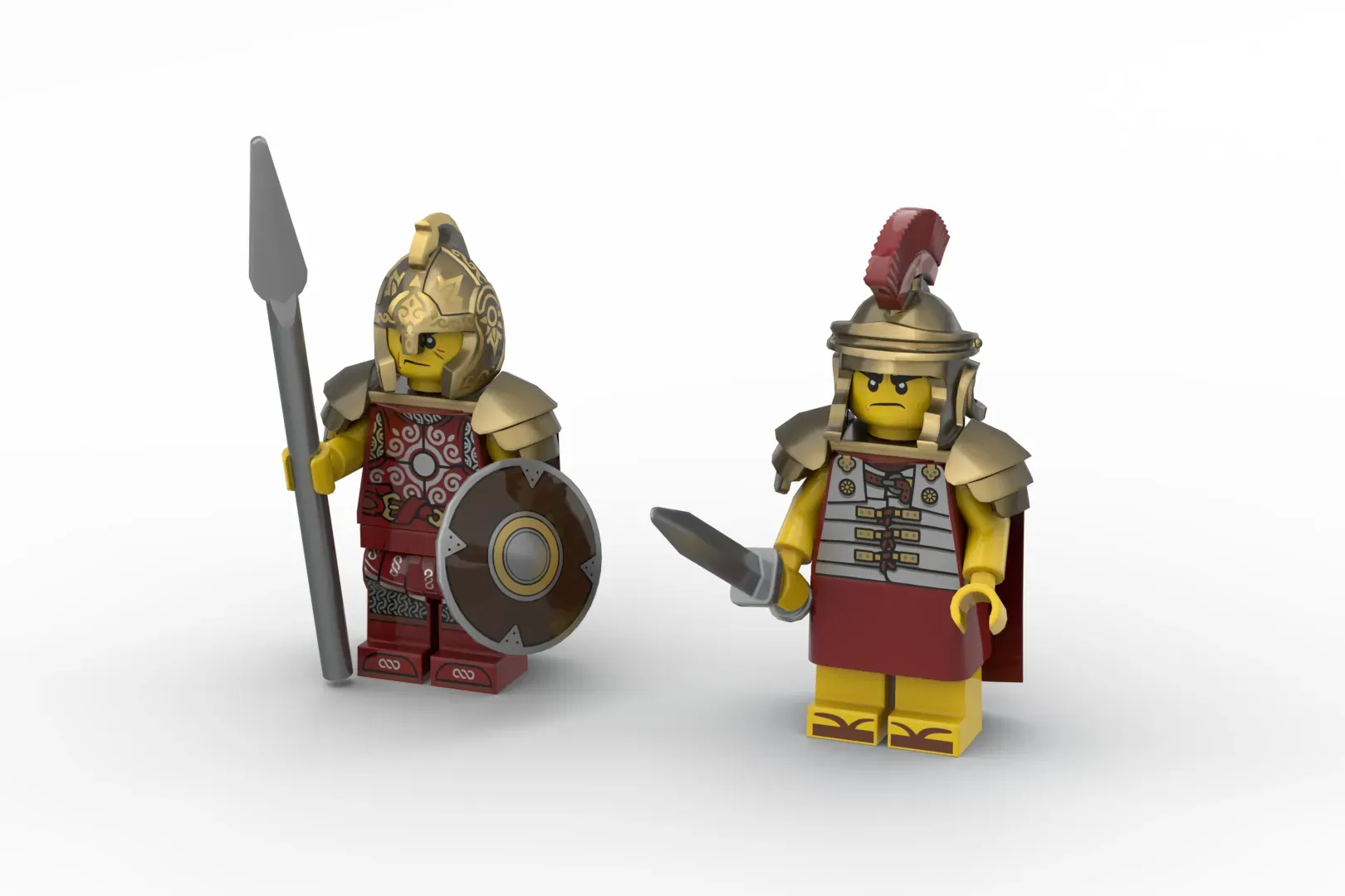 Two LEGO minifigures in Greek warrior armor with red and gold details, shields, and weapons.