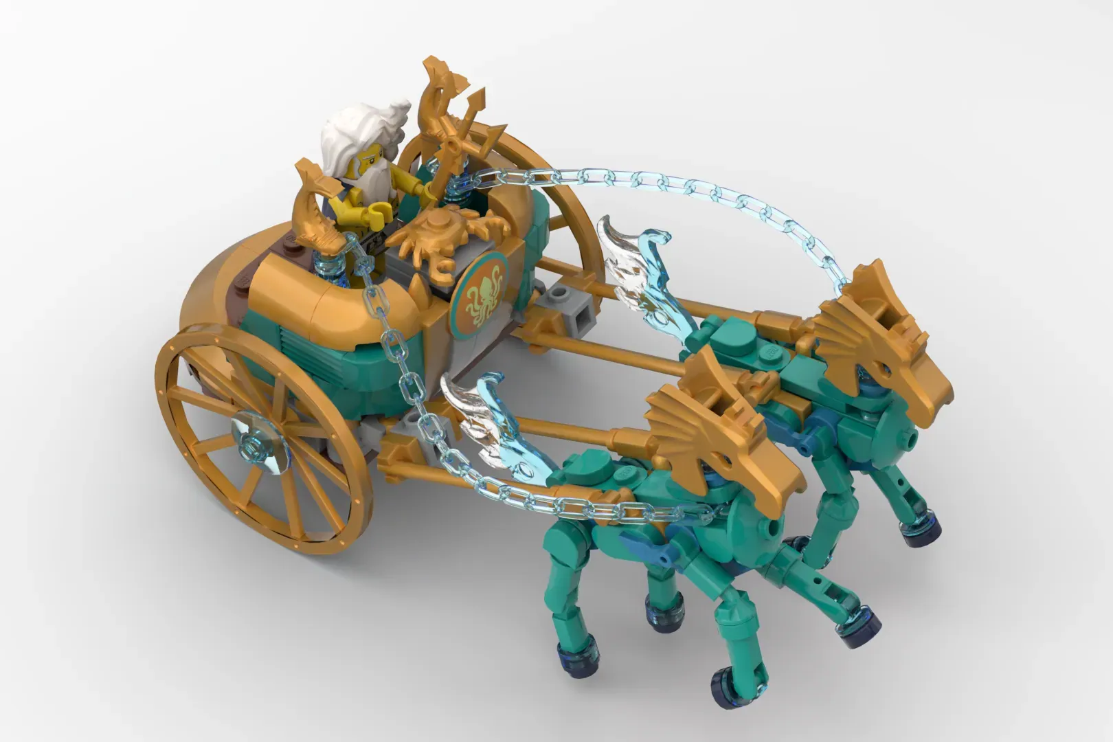 LEGO Trojan Horse set with golden chariot, teal horse, chain reins, and minifigures.