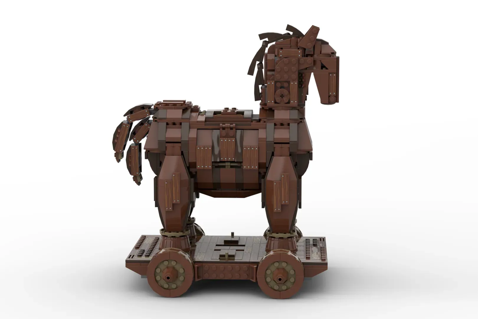 LEGO Trojan Horse with opening compartment on wheeled platform, featuring brown and tan colors with detailed armor plating.