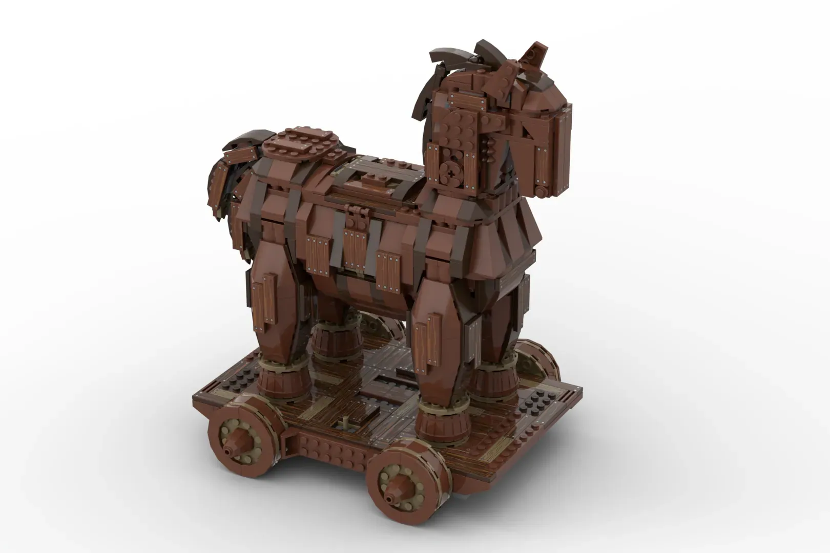 LEGO Trojan Horse with opening sections, wheels, and detailed brown brick construction on platform base.