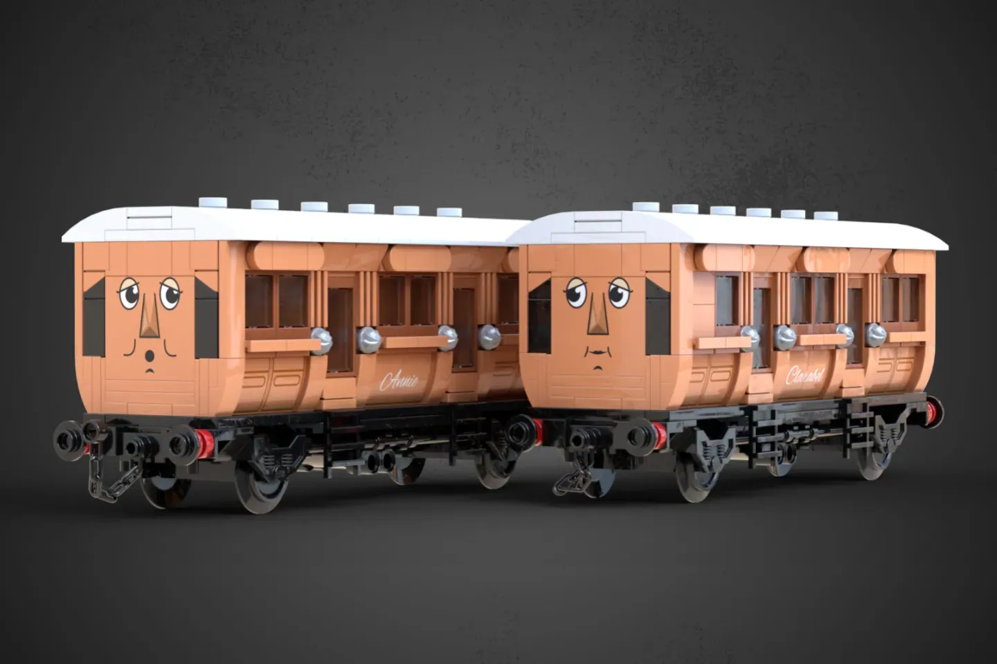 LEGO Thomas Tank Engine train car with anthropomorphic face design and white roof.