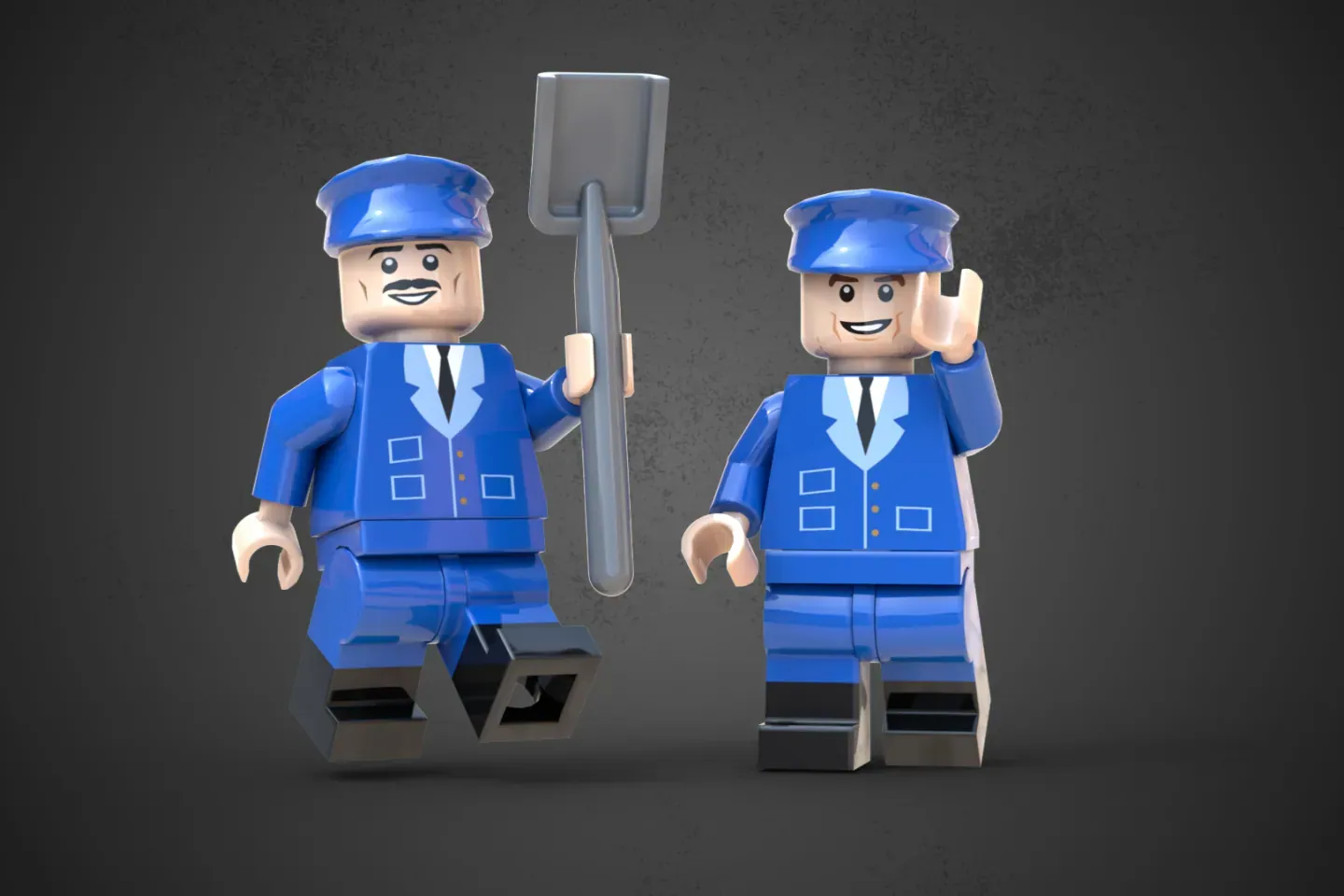 Two LEGO minifigures in blue worker uniforms with caps, one holding a gray shovel, smiling against a dark background.