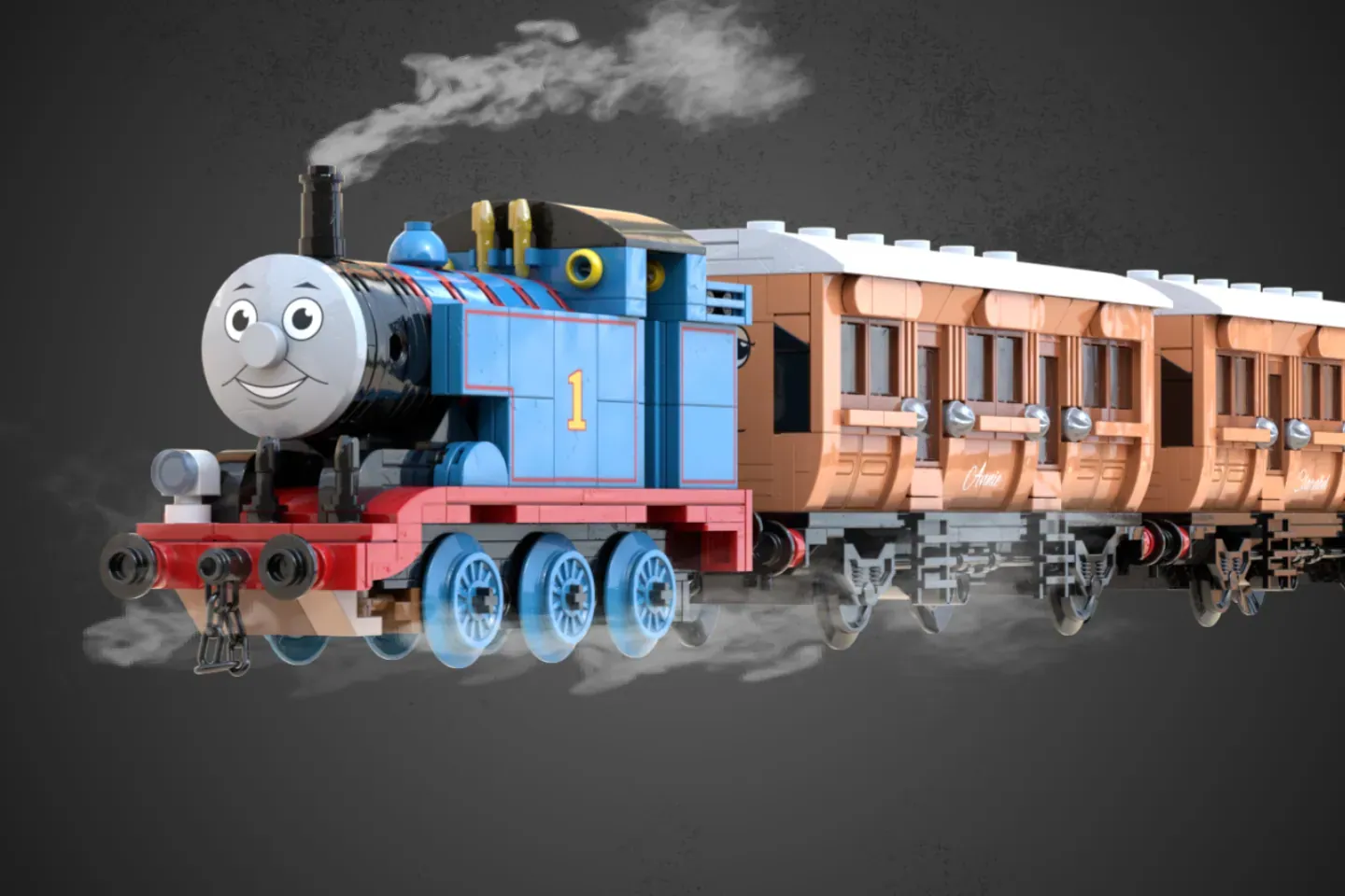LEGO Thomas the Tank Engine set with blue locomotive numbered 1, smiling face, red base, blue wheels, and brown passenger …
