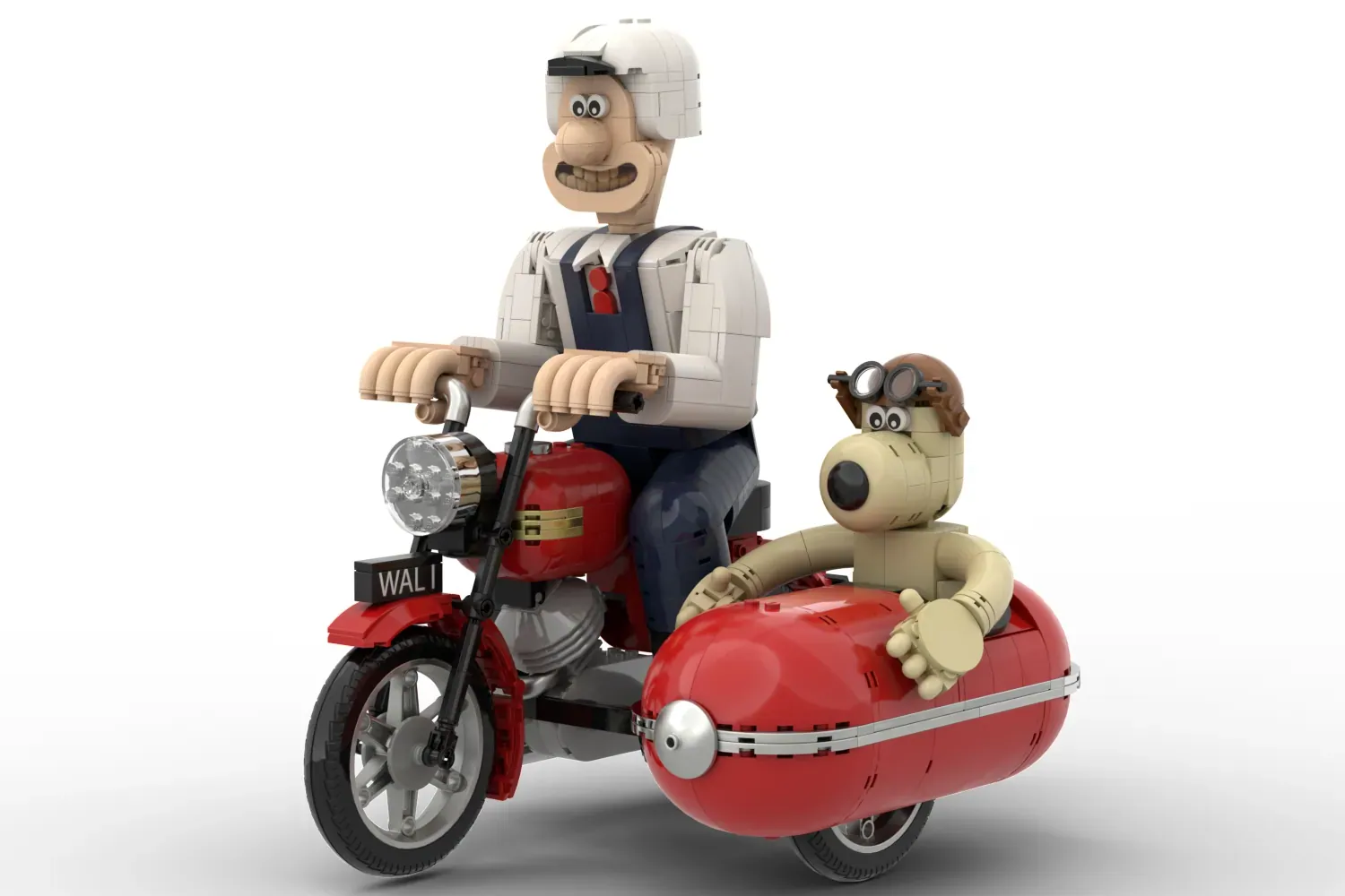 LEGO Wallace and Gromit on red motorcycle with sidecar, detailed brick-built recreation of stop-motion characters.