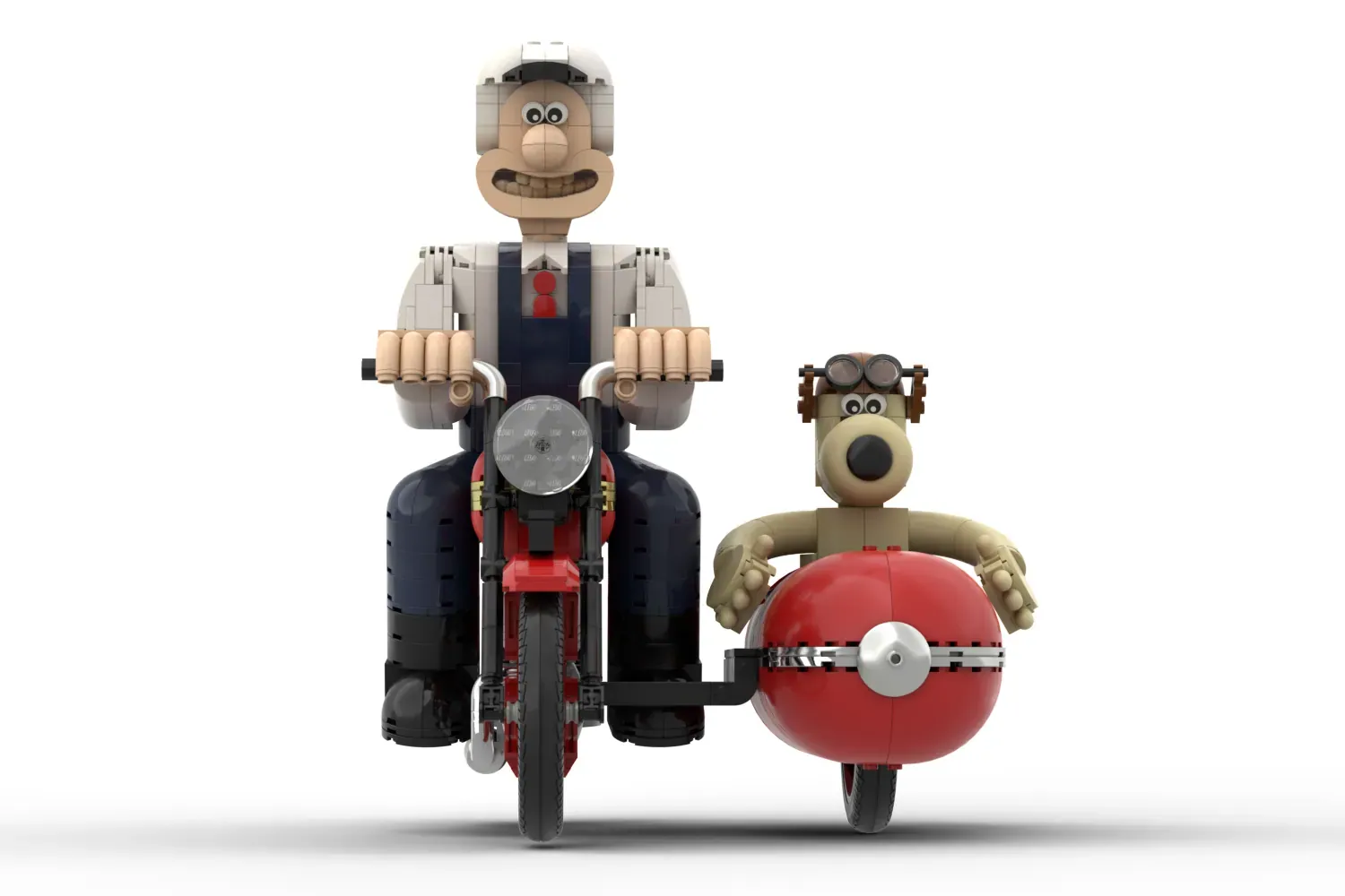 LEGO Wallace and Gromit on motorcycle with sidecar, featuring detailed brick-built characters and red spherical sidecar.