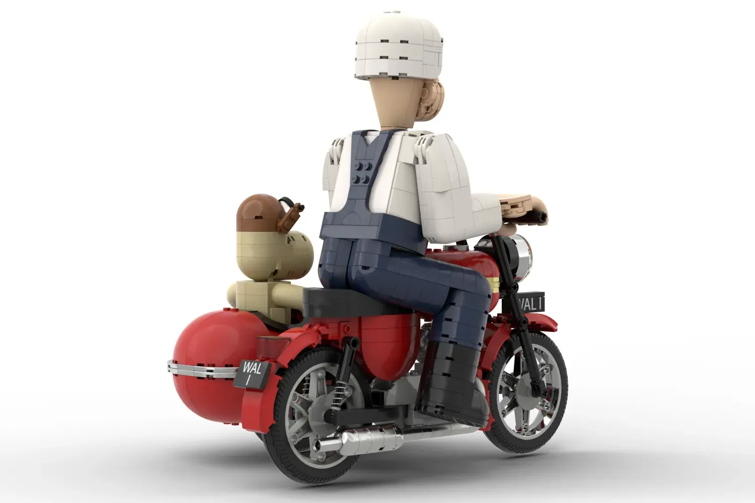 LEGO Wallace minifigure riding red motorcycle with sidecar carrying Gromit duck figure, both wearing helmets.