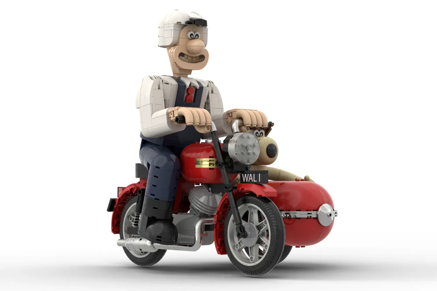 LEGO Wallace and Gromit on red motorcycle with sidecar, brick-built stop-motion style figures and vehicle.