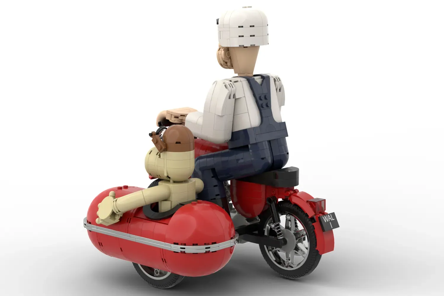 LEGO Wallace and Gromit on red motorcycle with sidecar, featuring white helmet and brick-built sidecar design.